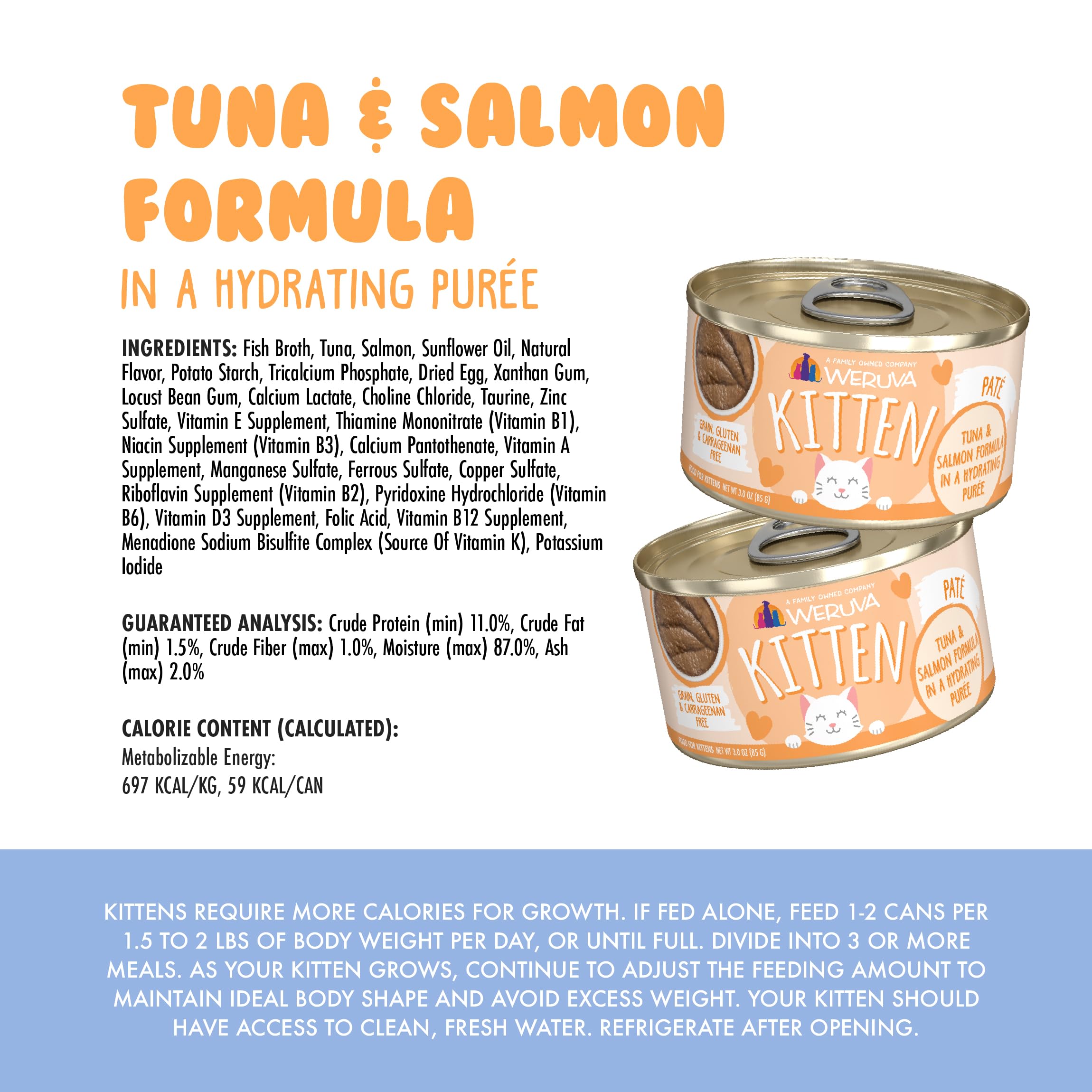Weruva Kitten Tuna & Salmon Puree ingredients close-up showing premium proteins