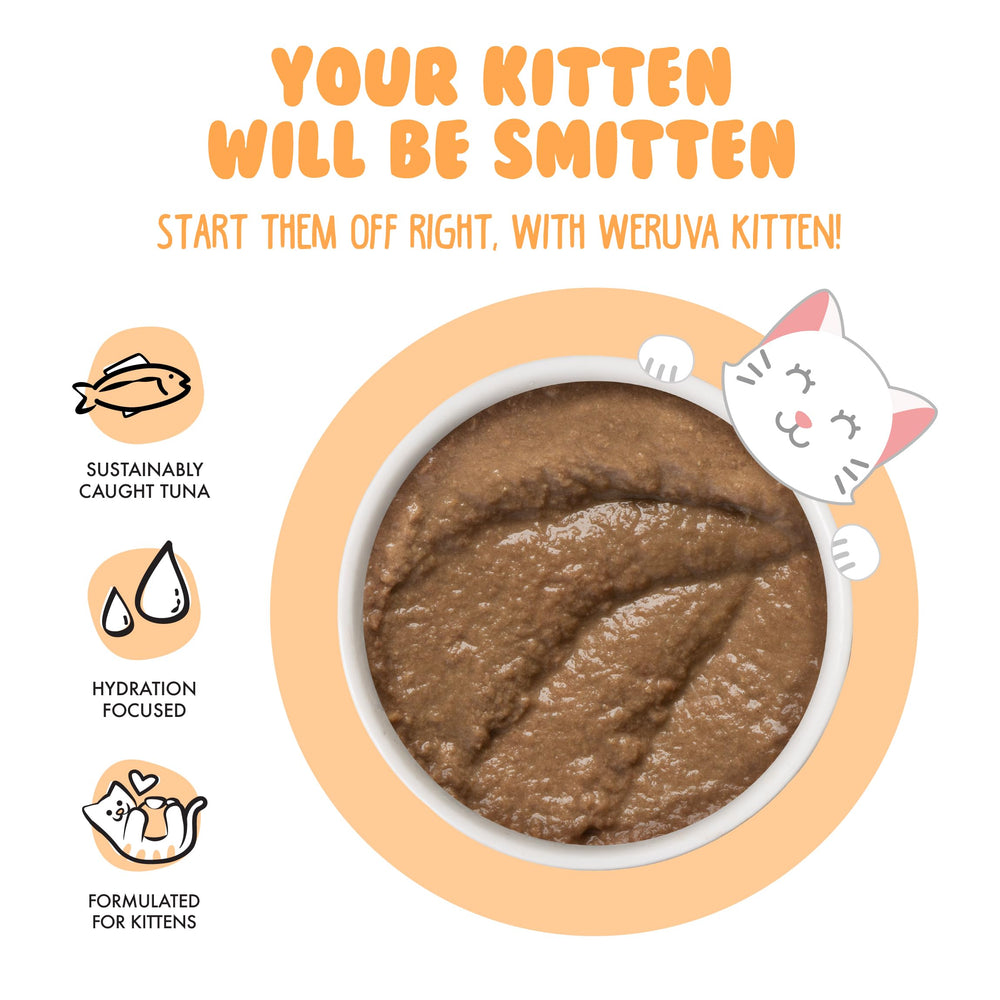 Weruva Kitten Tuna & Salmon Puree label close-up with visible ingredients and grain-free claim