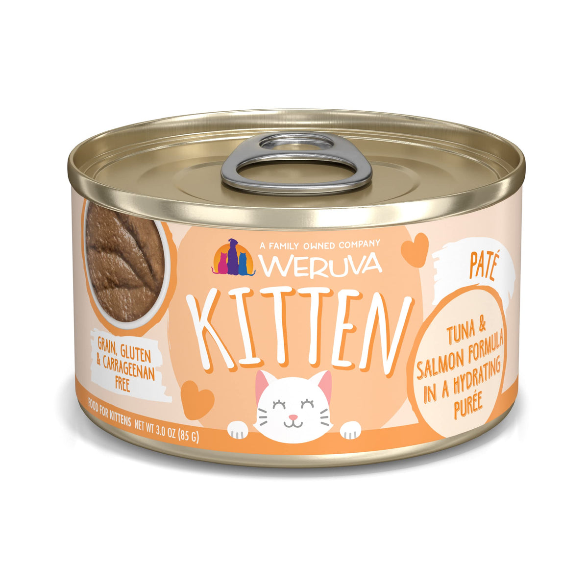 Weruva Kitten Tuna & Salmon Puree hero image showing a ready meal for a hungry kitten