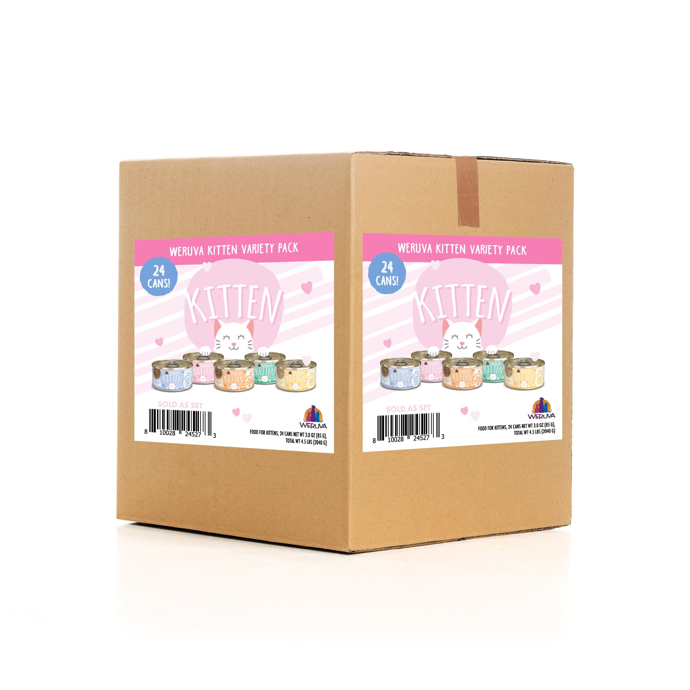 Weruva kittens variety pack 3oz cans shown for growing felines, convenient feeding option.