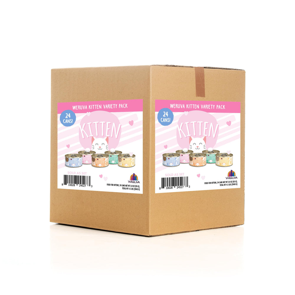 Weruva kittens variety pack 3oz cans shown for growing felines, convenient feeding option.