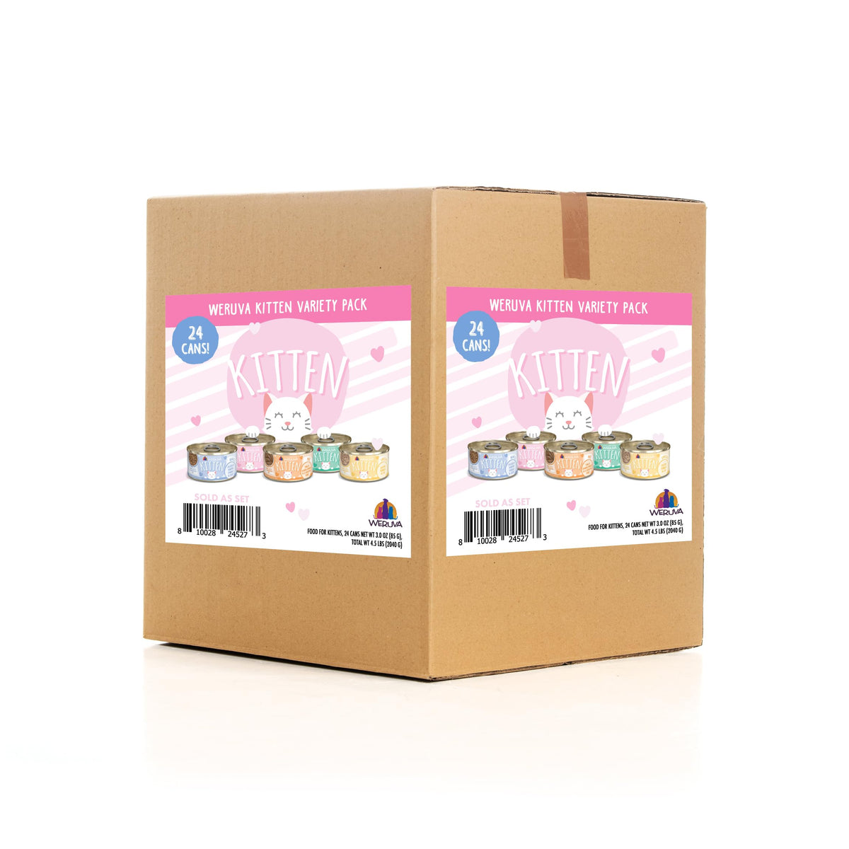 Weruva kittens variety pack 3oz cans shown for growing felines, convenient feeding option.