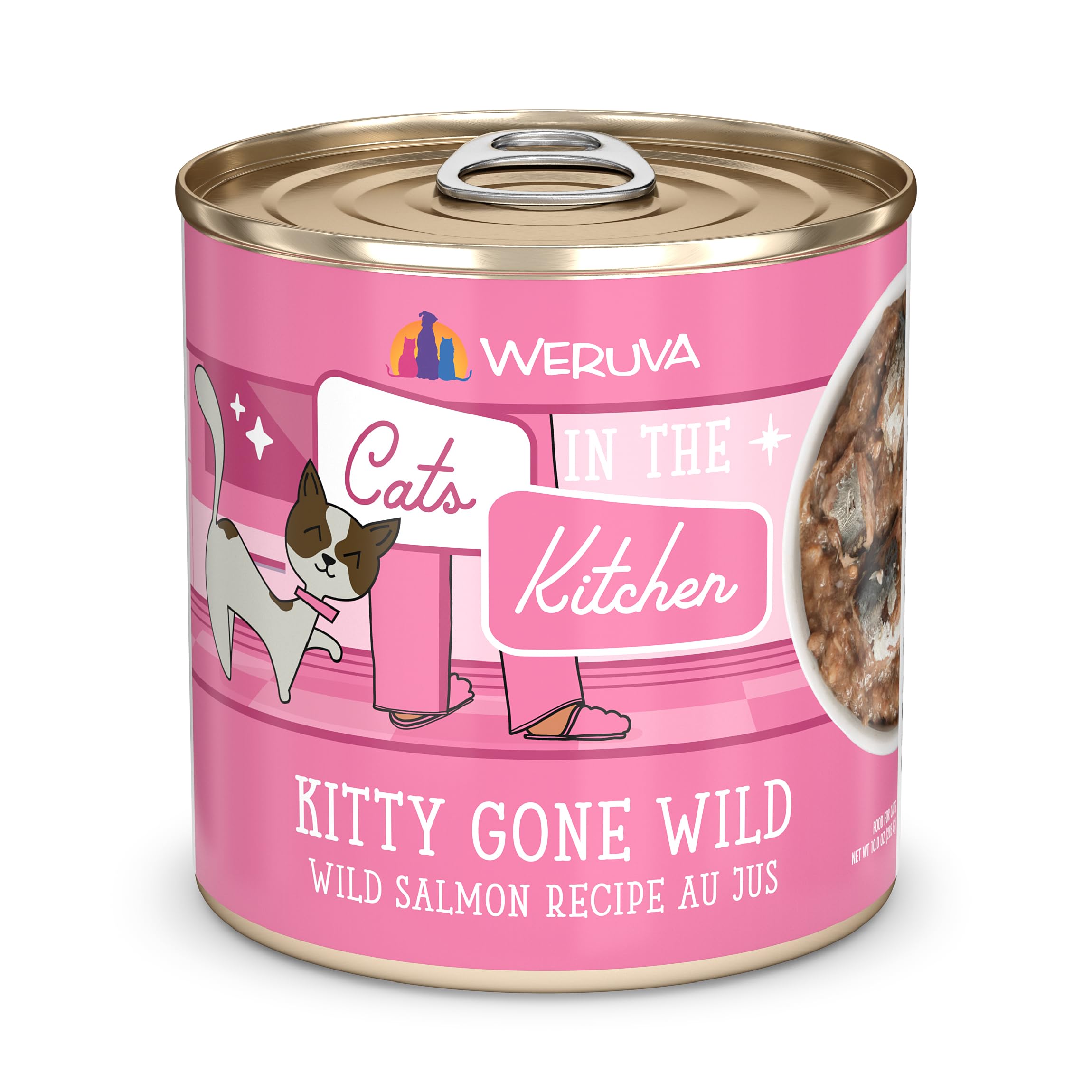 Weruva Kitty Gone Wild 10oz can closeup showing premium seafood for picky cats.