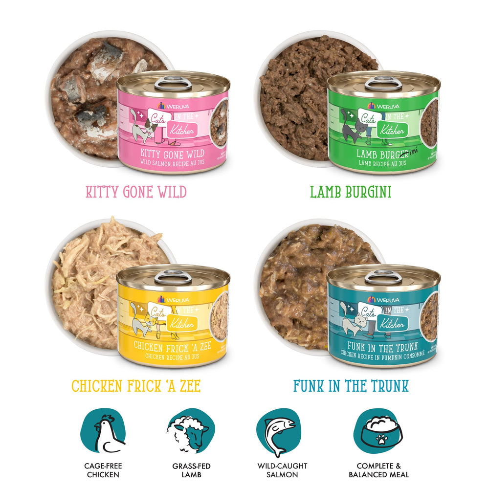 Weruva Kitty Gone Wild 6oz can, protein-forward recipe for cats.