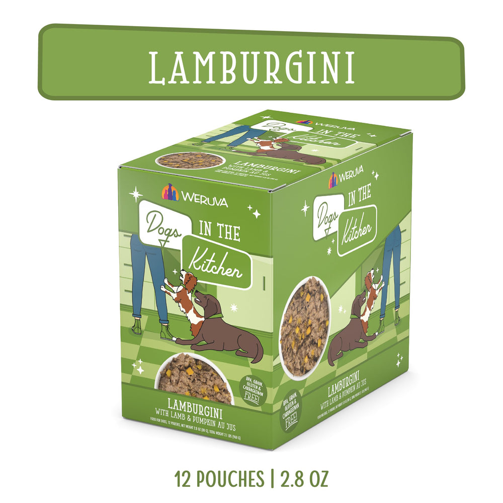 Weruva Lamburgini lamb pumpkin chunks in gravy show grain-free recipe.