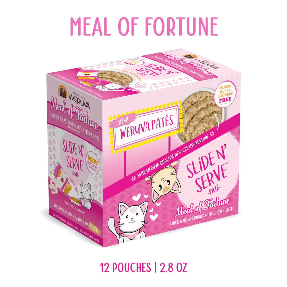 Weruva Meal of Fortune 2.8oz pouch showing creamy pate texture for cats.