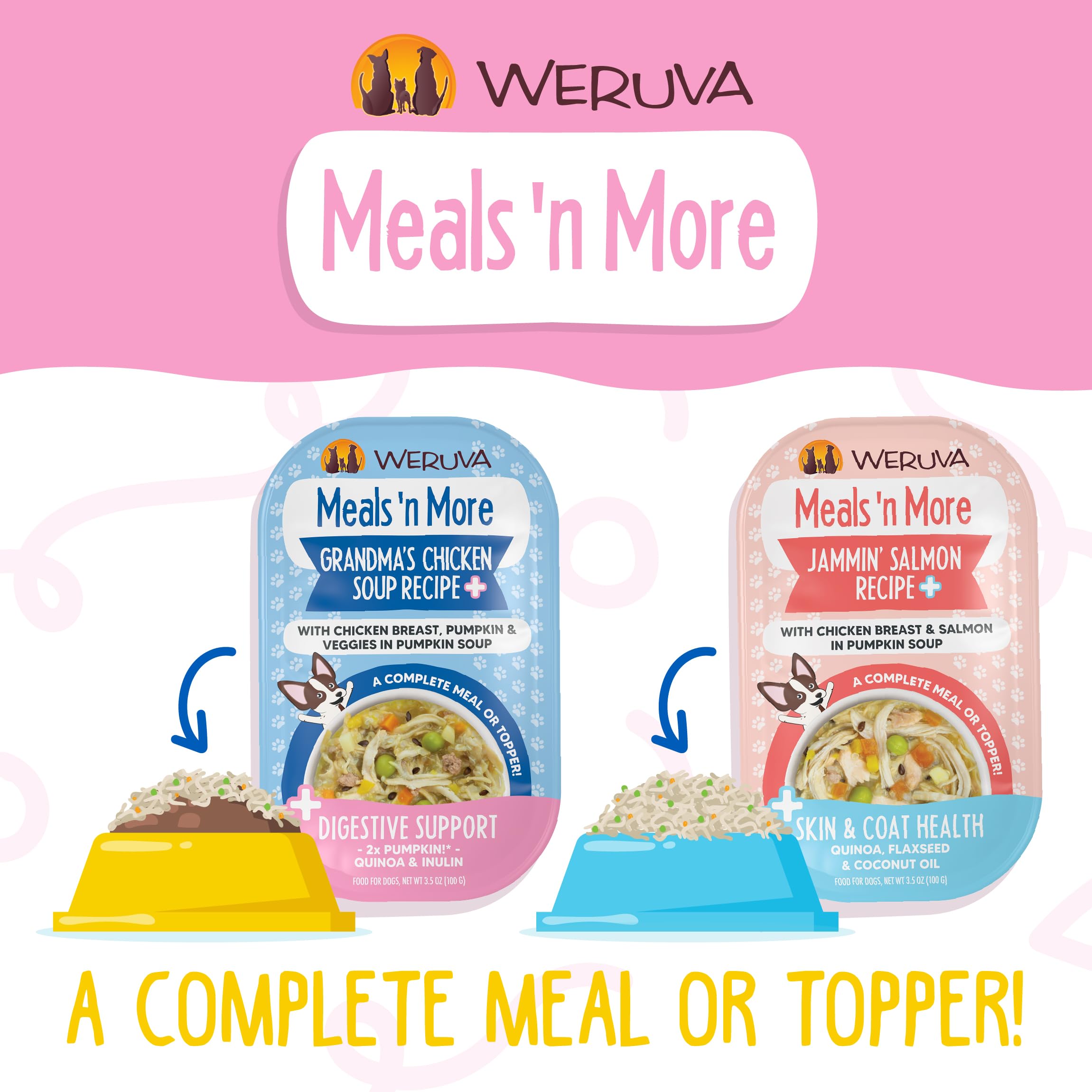 Weruva Meals 'n More 12-pack cups, easy multi-meal planning for dog owners.