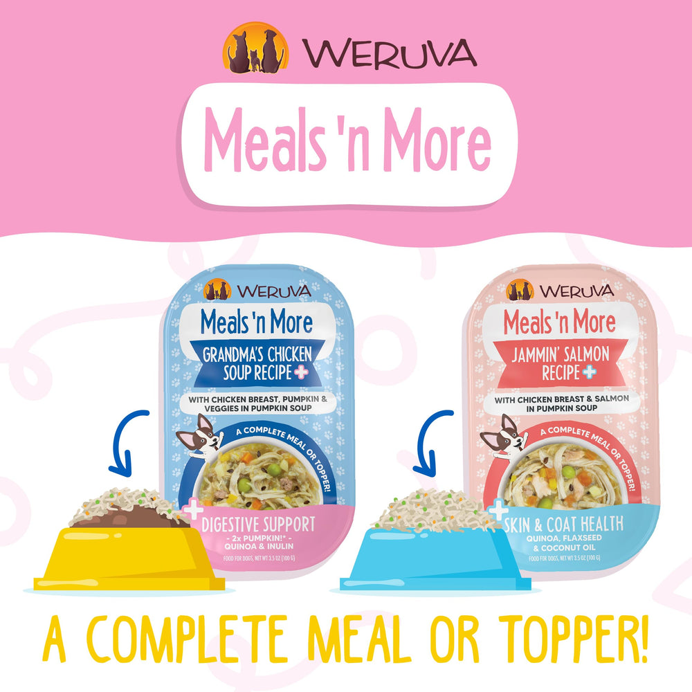 Weruva Meals 'n More 12-pack cups, easy multi-meal planning for dog owners.