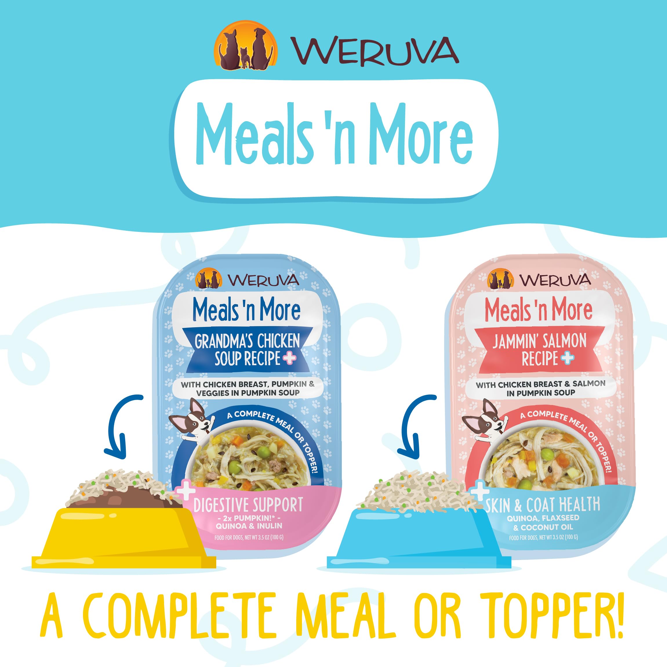 Weruva Meals 'n More hydration and protein image emphasizes moisture-rich meals