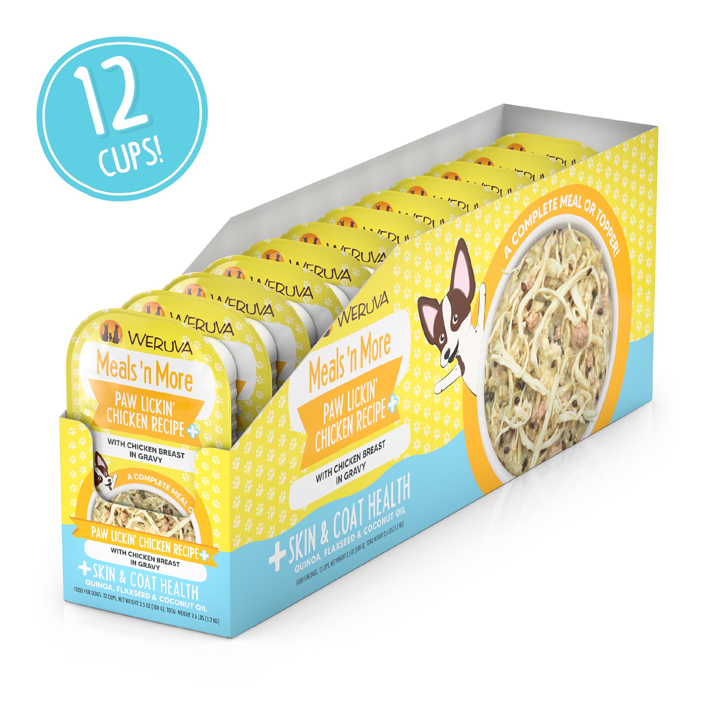 Weruva Meals n More natural wet dog food pack highlights convenience and hydration.