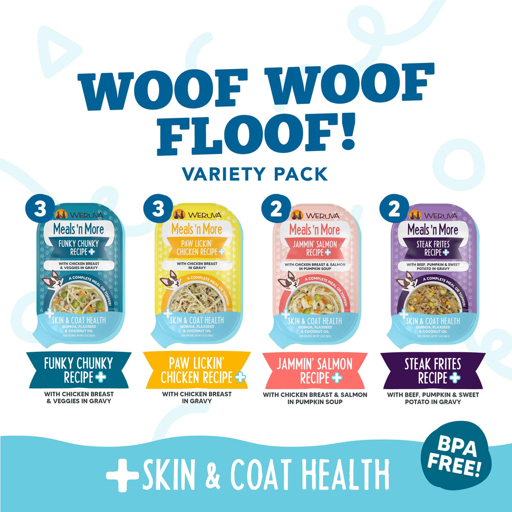 Weruva Woof Woof Floof cups close-up, showcasing natural ingredients and texture