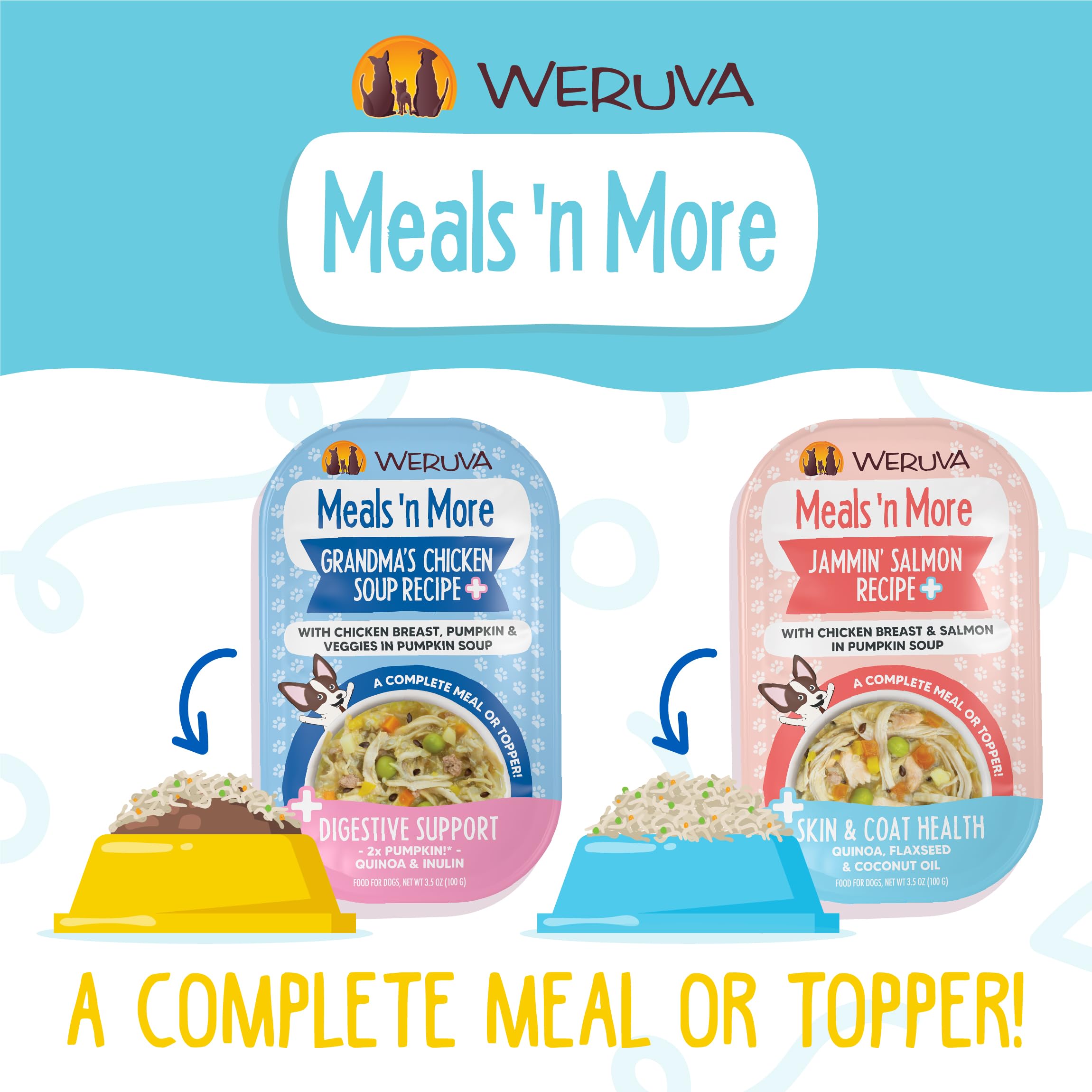 Weruva Woof Woof Floof packaging and cups on a shelf, signaling convenience