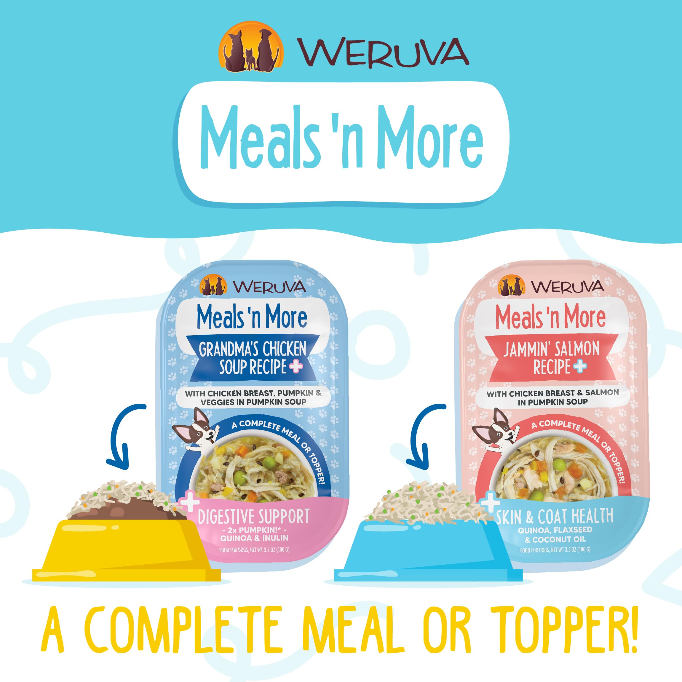 Weruva Meals 'n More Pack of 12 Cups, convenient ready-to-serve wet meals.
