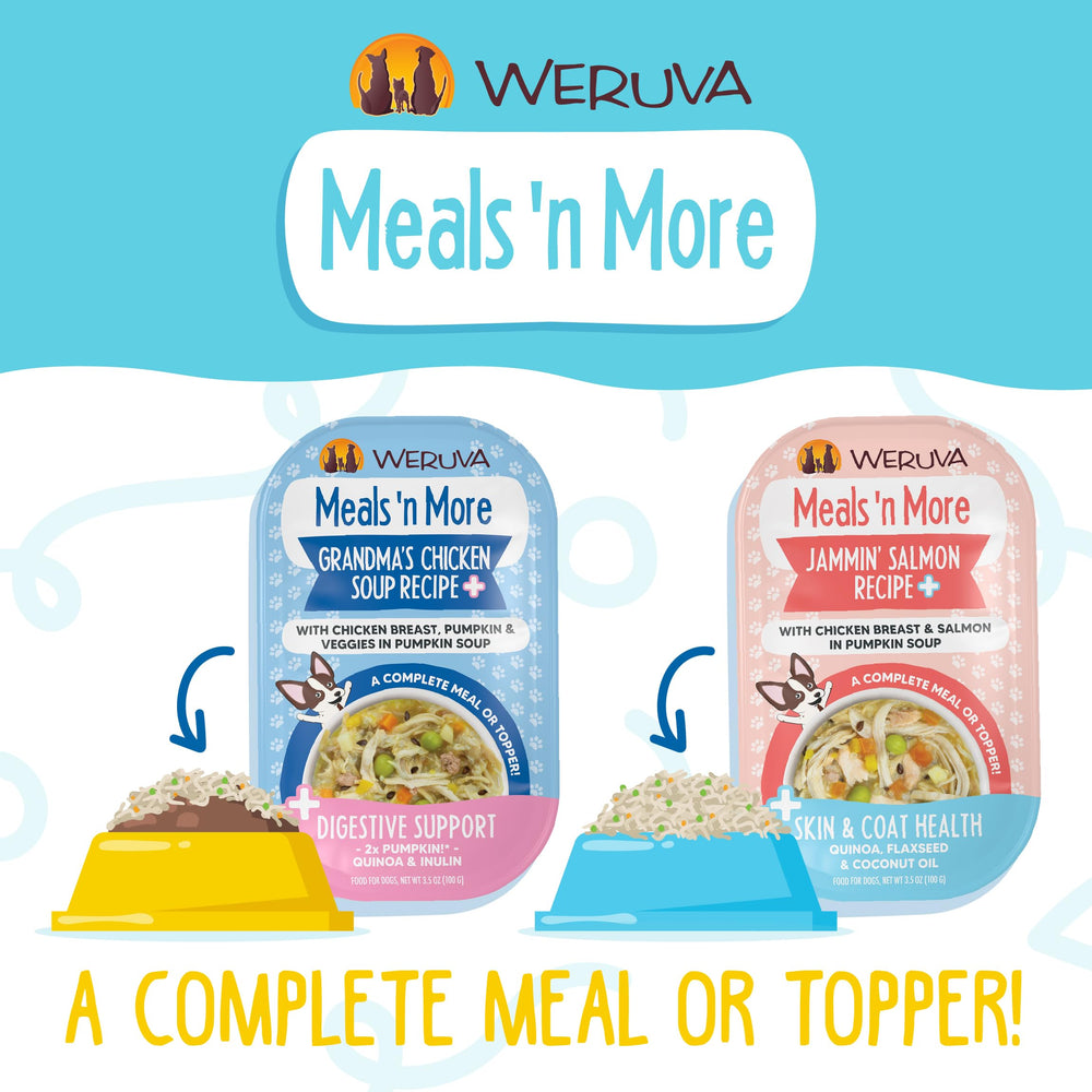 Weruva Meals 'n More Pack of 12 Cups, convenient ready-to-serve wet meals.