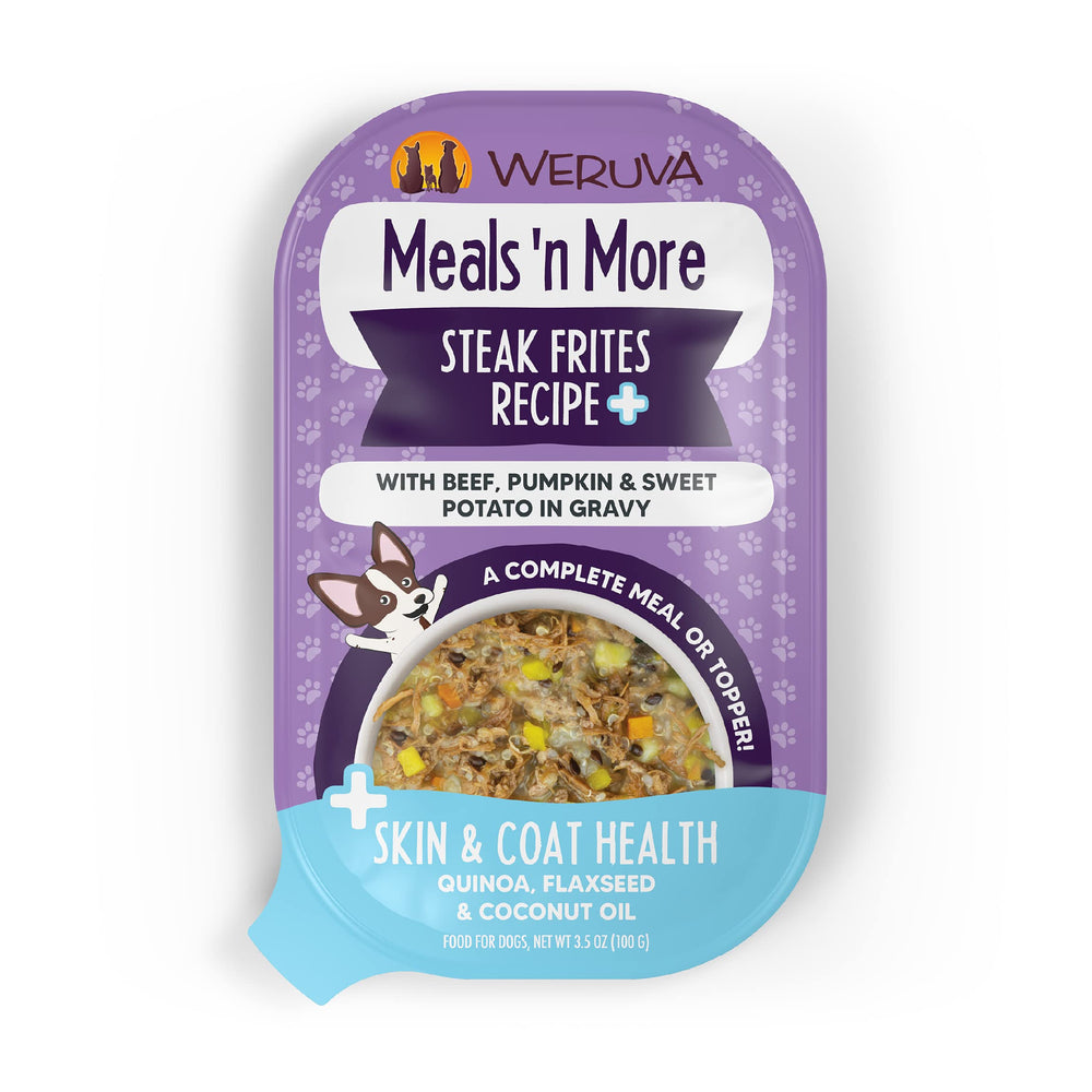 Weruva Meals 'n More steak frites dinner cup, 3.5oz, pack of 12, complete daily meal option with moisture