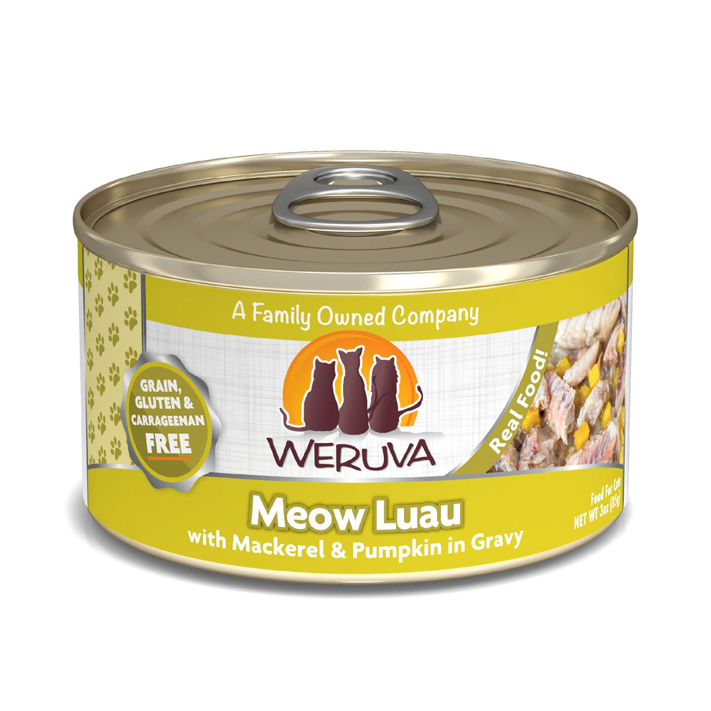 Weruva Meow Luau mackerel and pumpkin in gravy can, natural ingredients visible