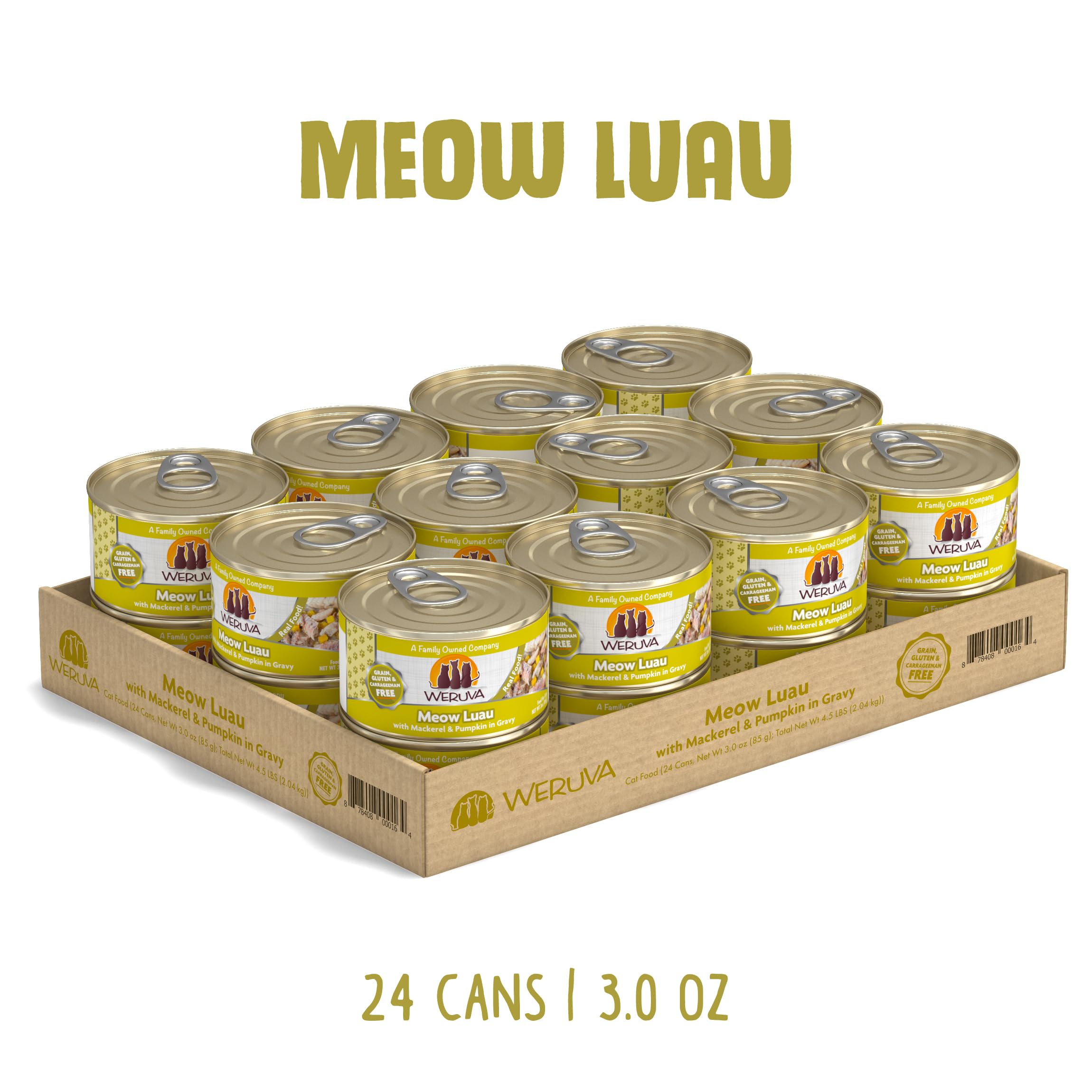 Close-up of Weruva Meow Luau can showing mackerel texture and gravy