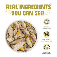 Weruva Meow Luau flakes close-up emphasizes wild-caught fish protein for a balanced meal