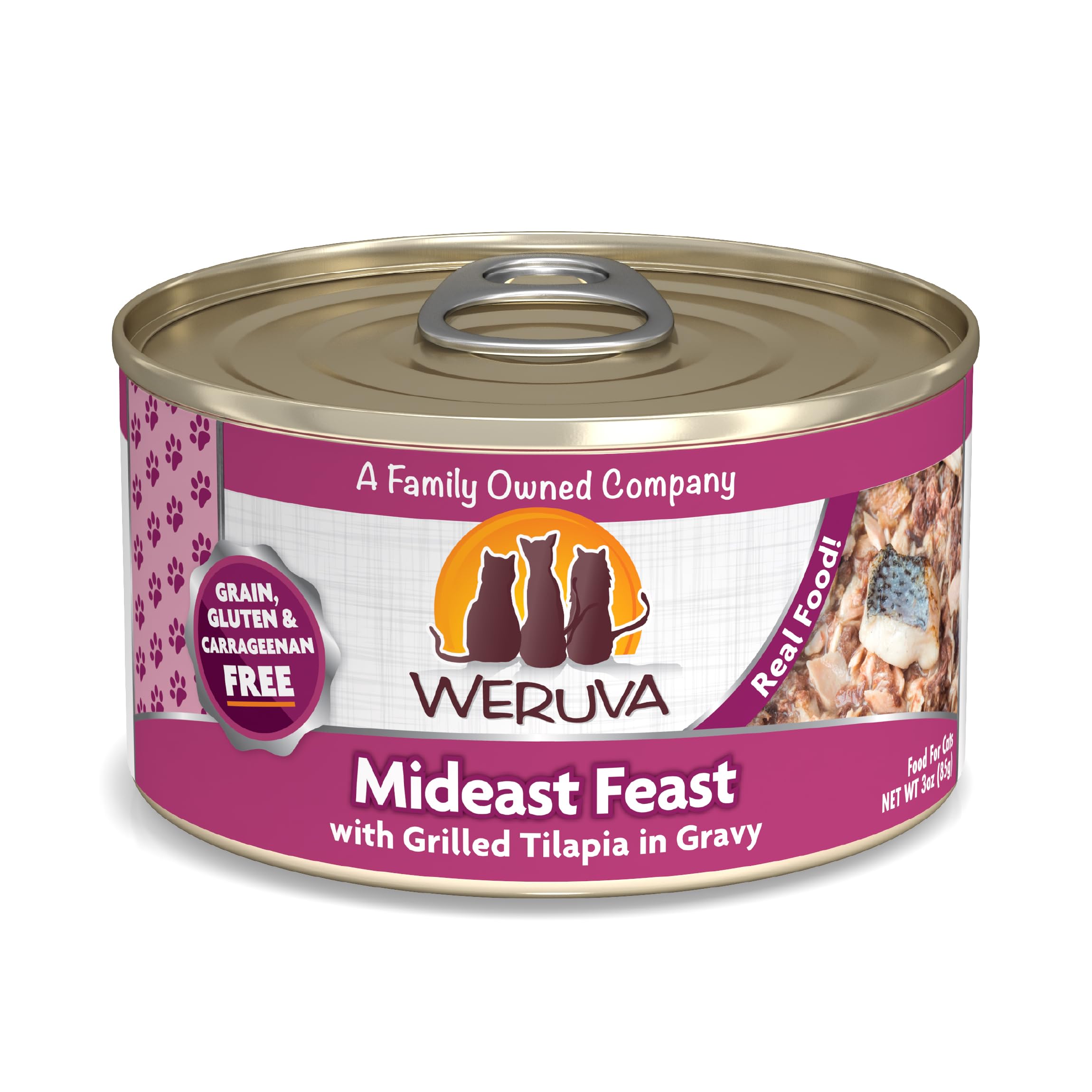 Weruva Mideast Feast tilapia in gravy cans pack promotes convenient daily feeding.