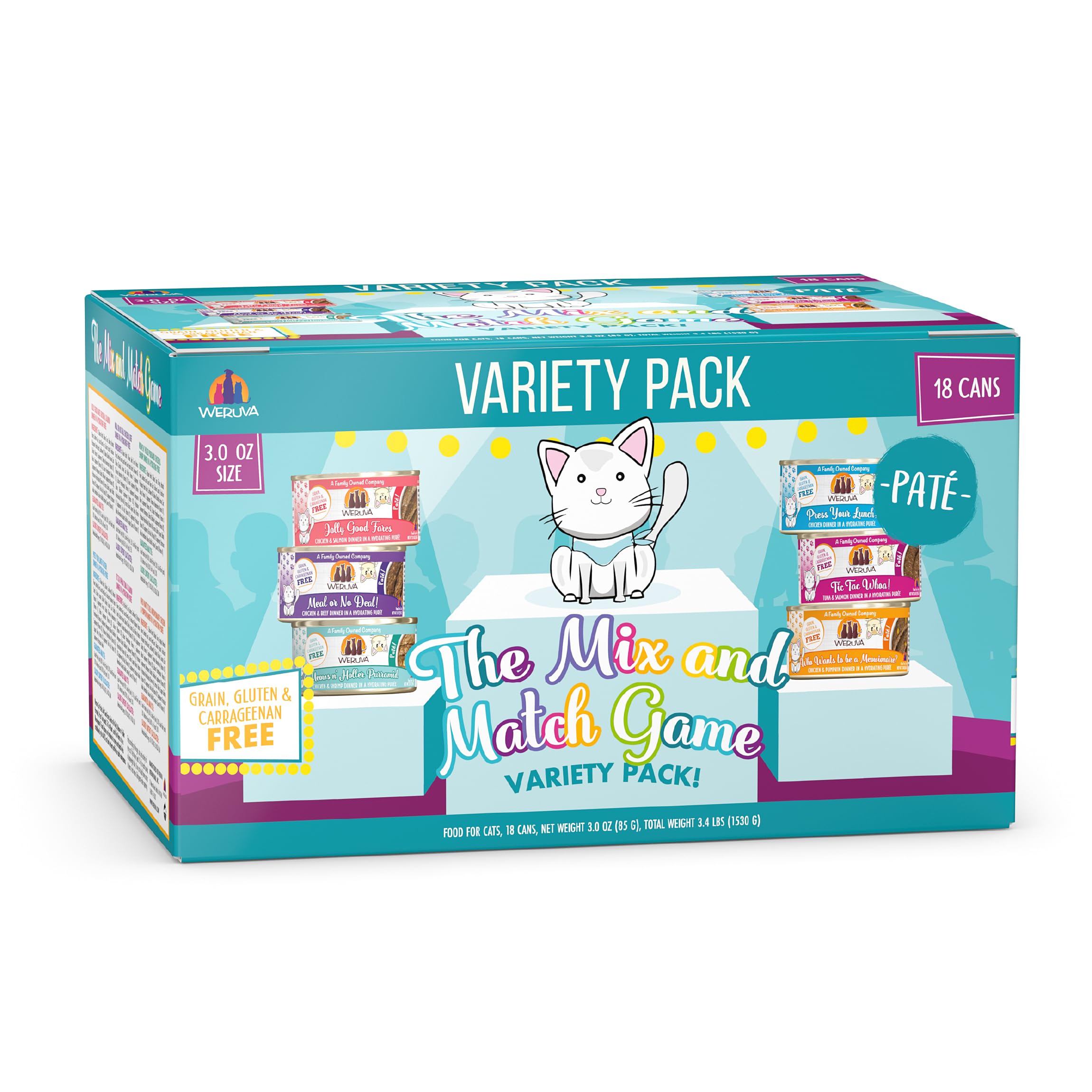 Weruva Mix and Match Pate Variety Pack 18 cans for convenient daily meals.