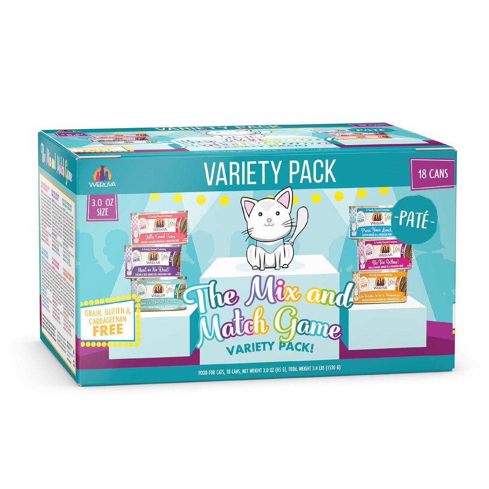 Weruva Mix and Match Pate Variety Pack 18 cans for convenient daily meals.