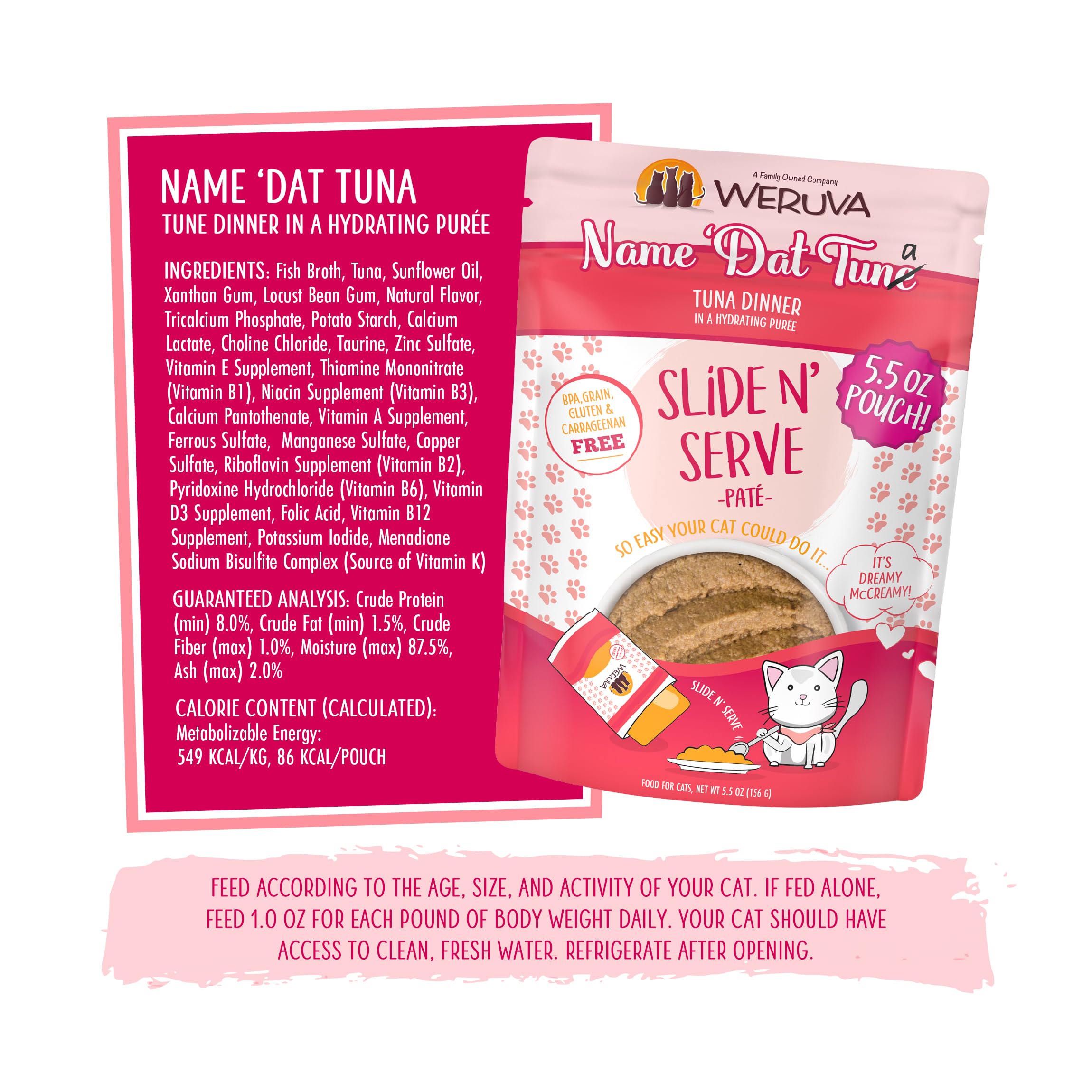 Grain-free and gluten-free Weruva Name Dat Tuna pate supports allergen-friendly meals.