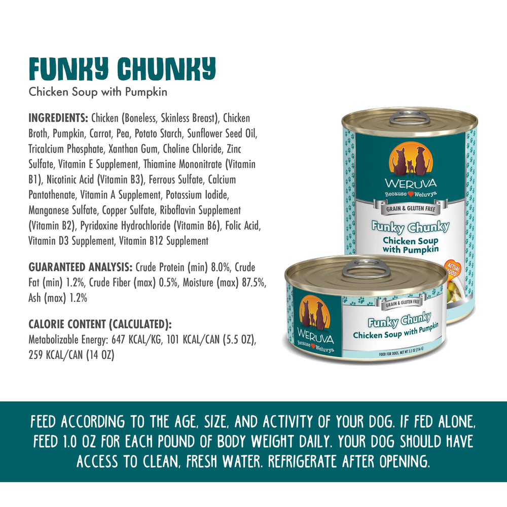 12-pack of Weruva Funky Chunky Chicken Soup ready for regular feeding.