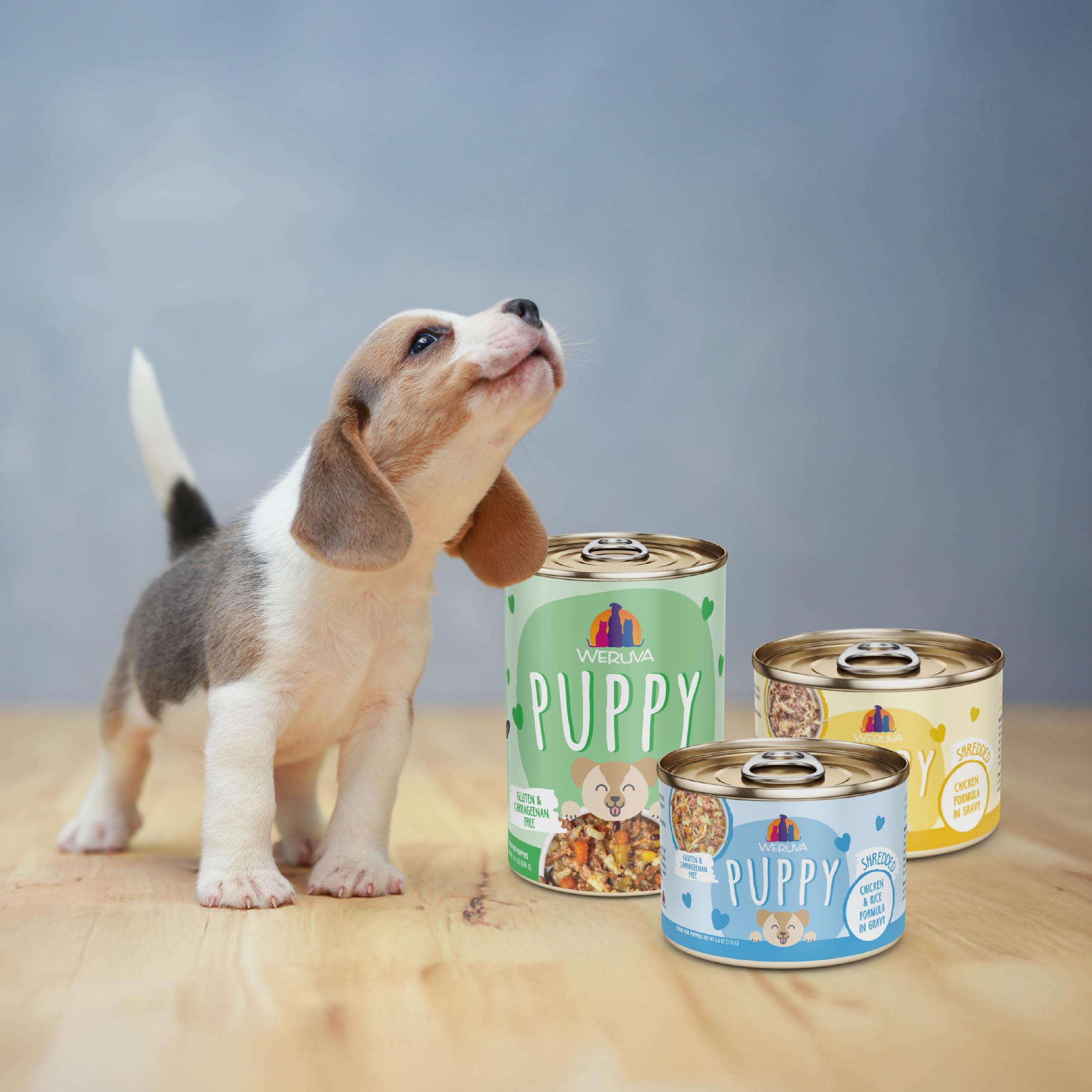 Weruva 8-pack cans offer convenient, ready-to-serve puppy meals.