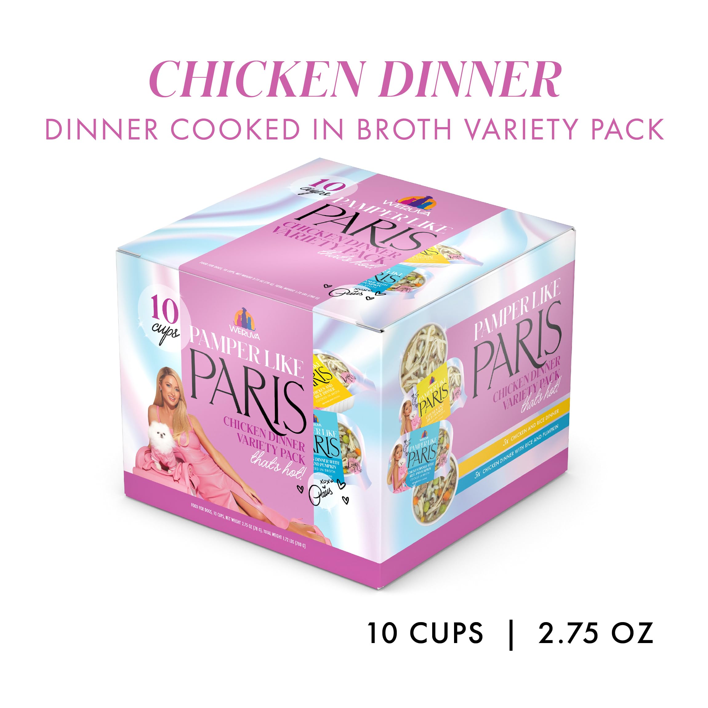 Weruva Pamper Like Paris chicken recipe in broth close-up shows savory white meat.