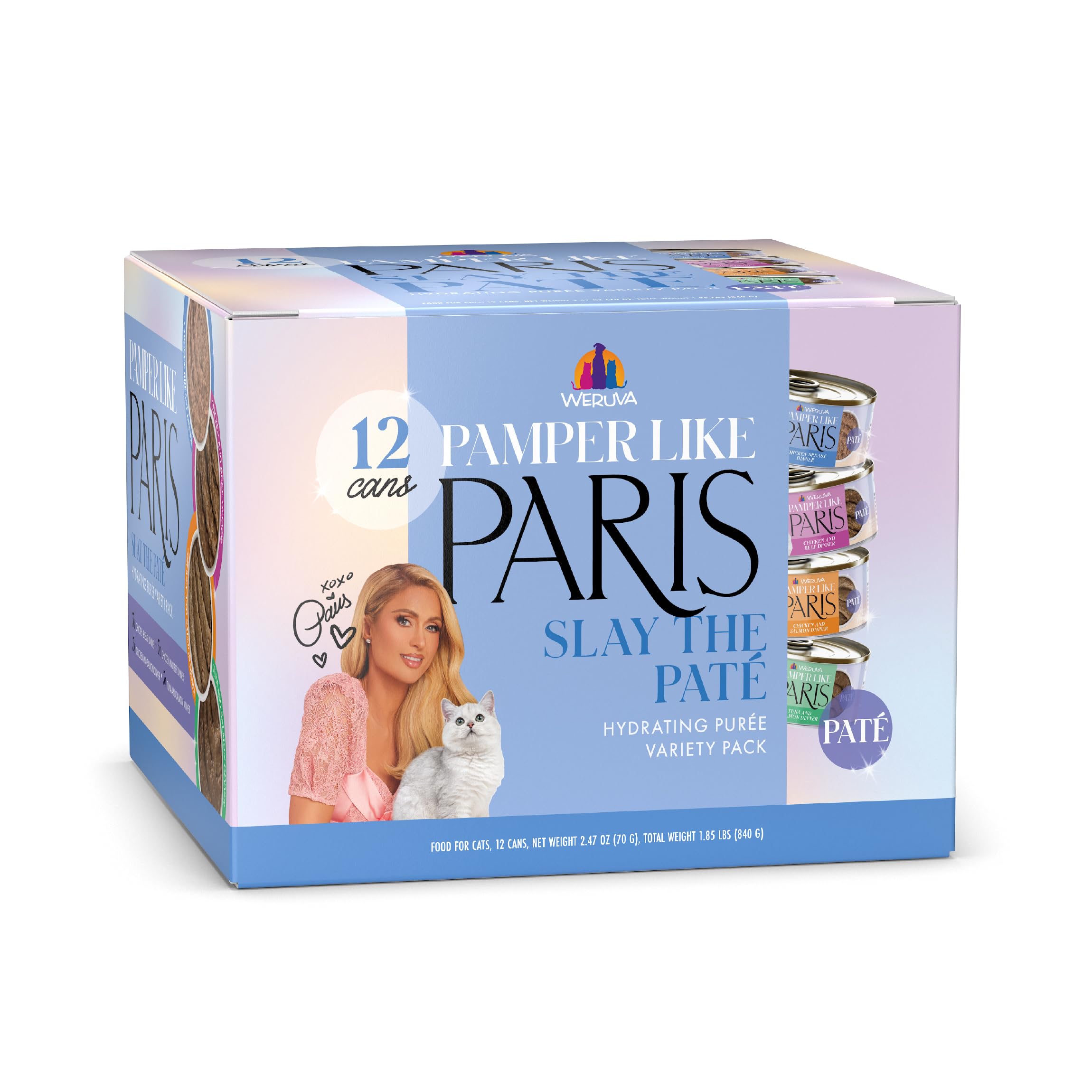 Weruva Paris Hilton Pamper Like Paris pate variety pack can showcases premium feline nutrition.