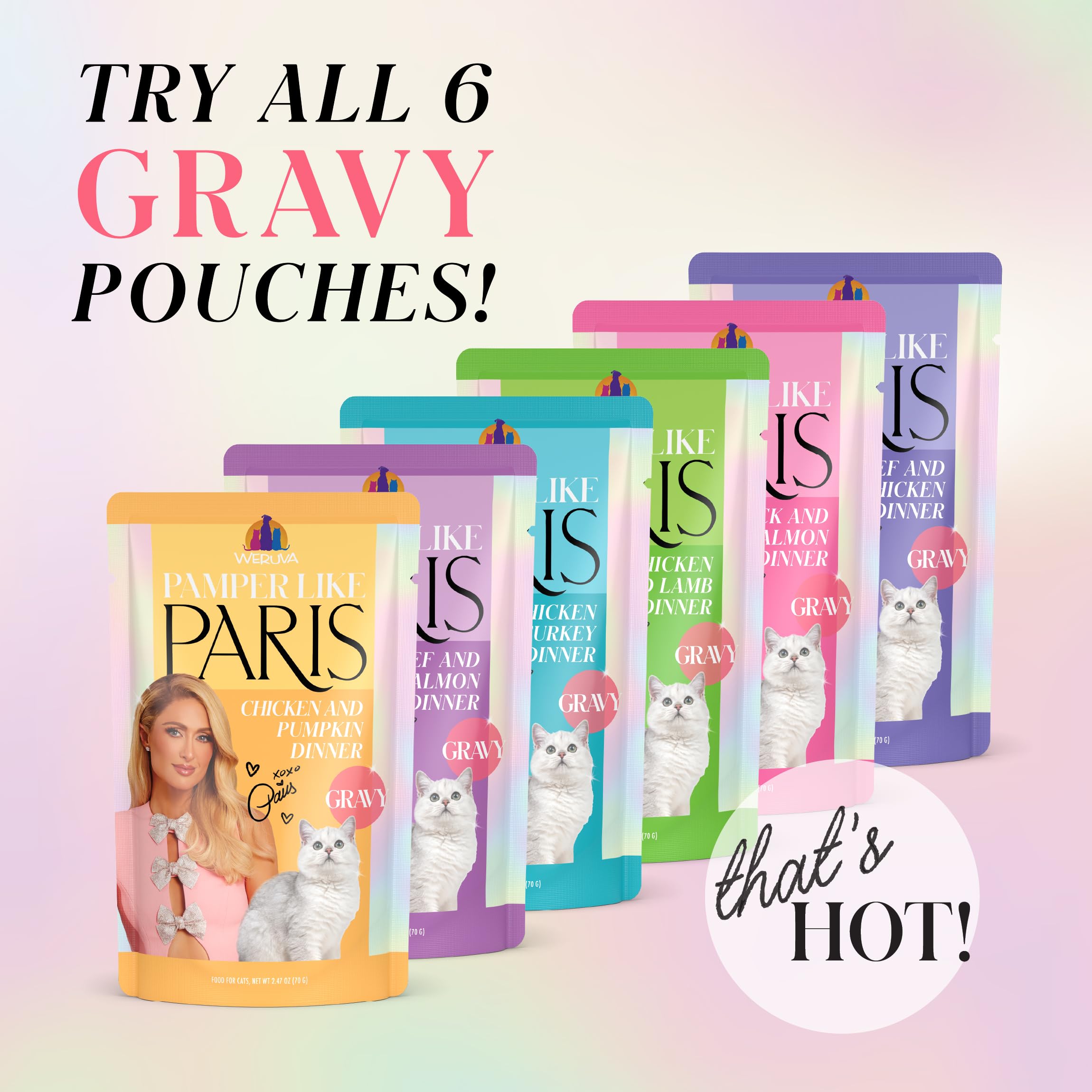 Weruva Paris Hilton Pamper Like Paris serving bowl scene for adult cats.