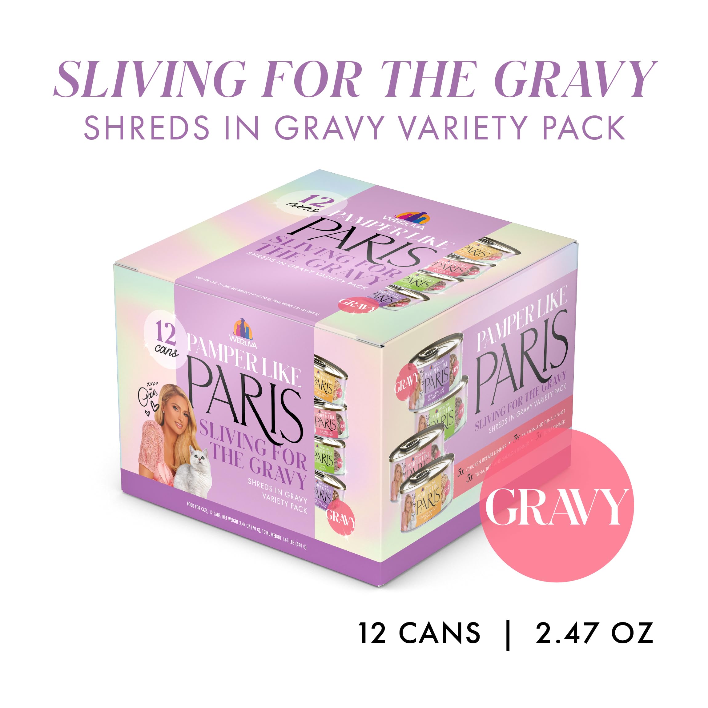 Paris Hilton collaboration packaging showing luxury branding and grain-free formula for adult cats