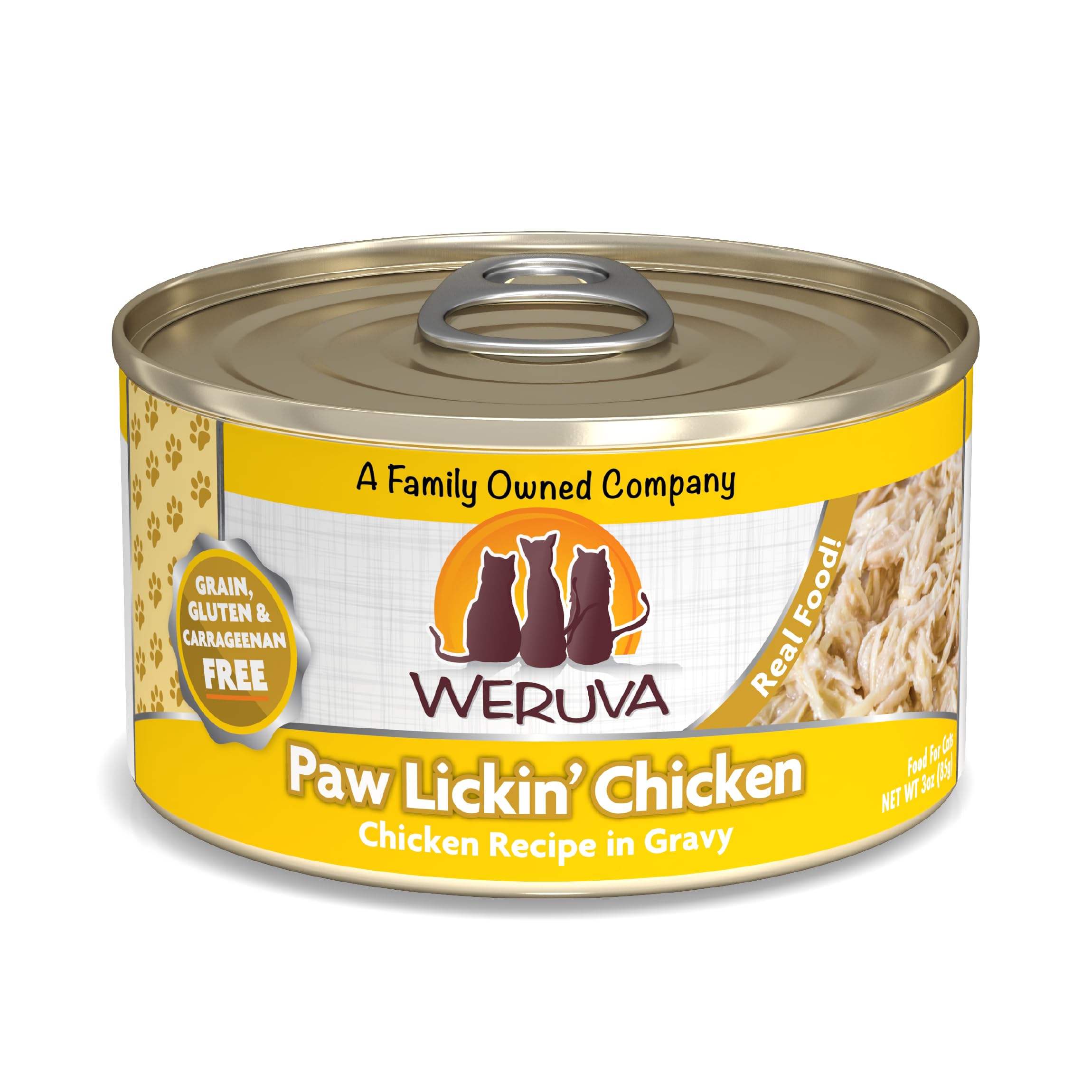 Weruva Paw Lickin’ Chicken 3oz can in a 24-pack showing shredded cage-free chicken in gravy.