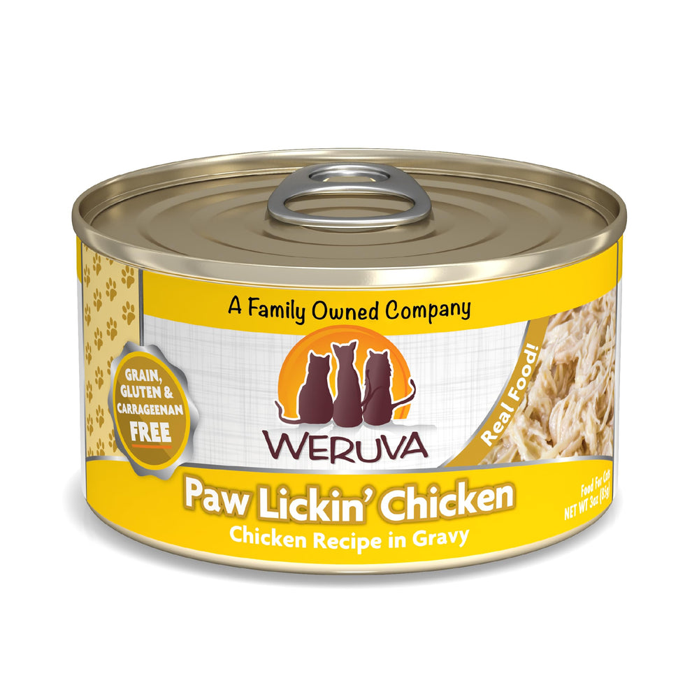 Weruva Paw Lickin’ Chicken 3oz can in a 24-pack showing shredded cage-free chicken in gravy.