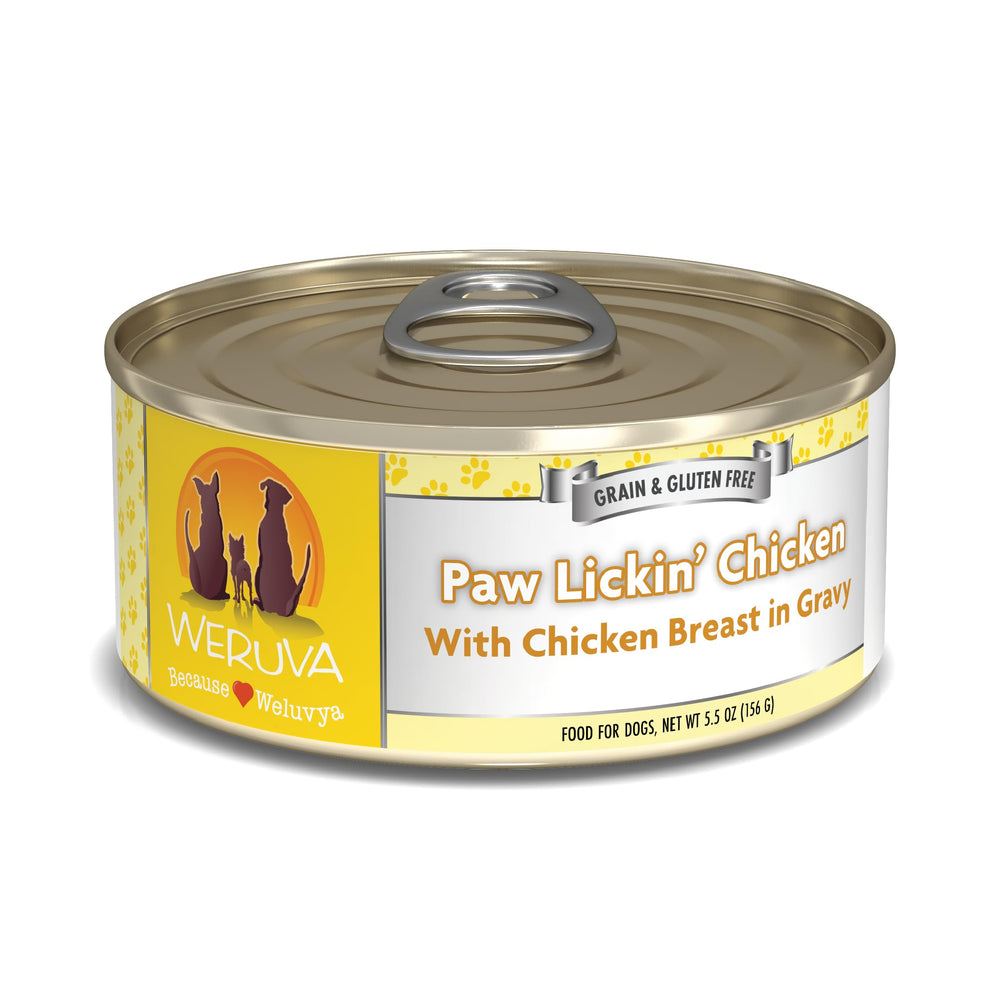 Weruva Paw Lickin' Chicken 24-pack cans showing premium chicken in gravy for dogs