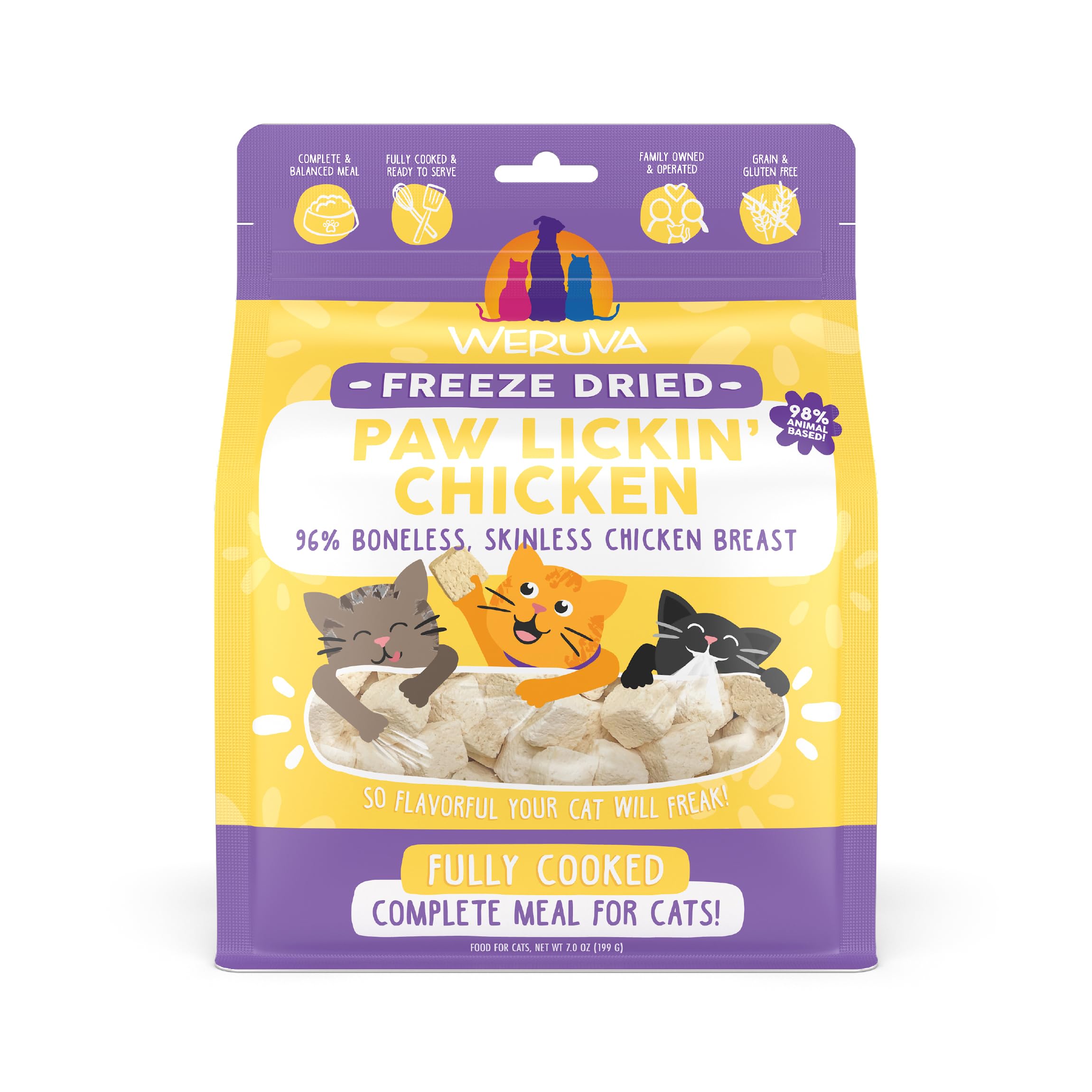 Weruva Paw Lickin' Chicken cubes in bag for easy feeding and protein-rich nutrition.