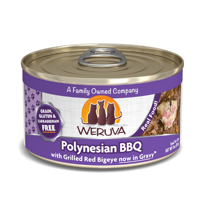 Weruva Polynesian BBQ Red Bigeye in Gravy close-up highlighting premium fish pieces for discerning cats