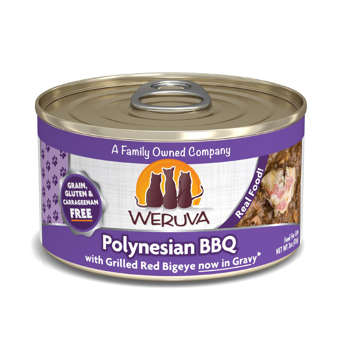 Weruva Polynesian BBQ Red Bigeye in Gravy close-up highlighting premium fish pieces for discerning cats