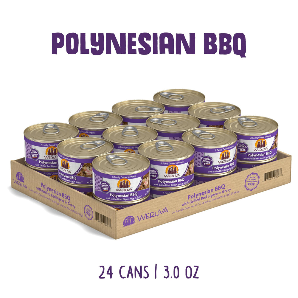 Weruva Polynesian BBQ Red Bigeye in Gravy 3oz can shows convenient single-serve portions