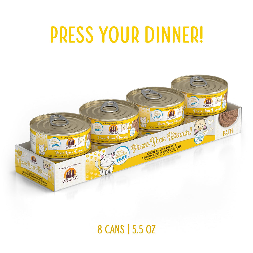 Weruva Press Your Dinner chicken puree shown in can for quick serving.