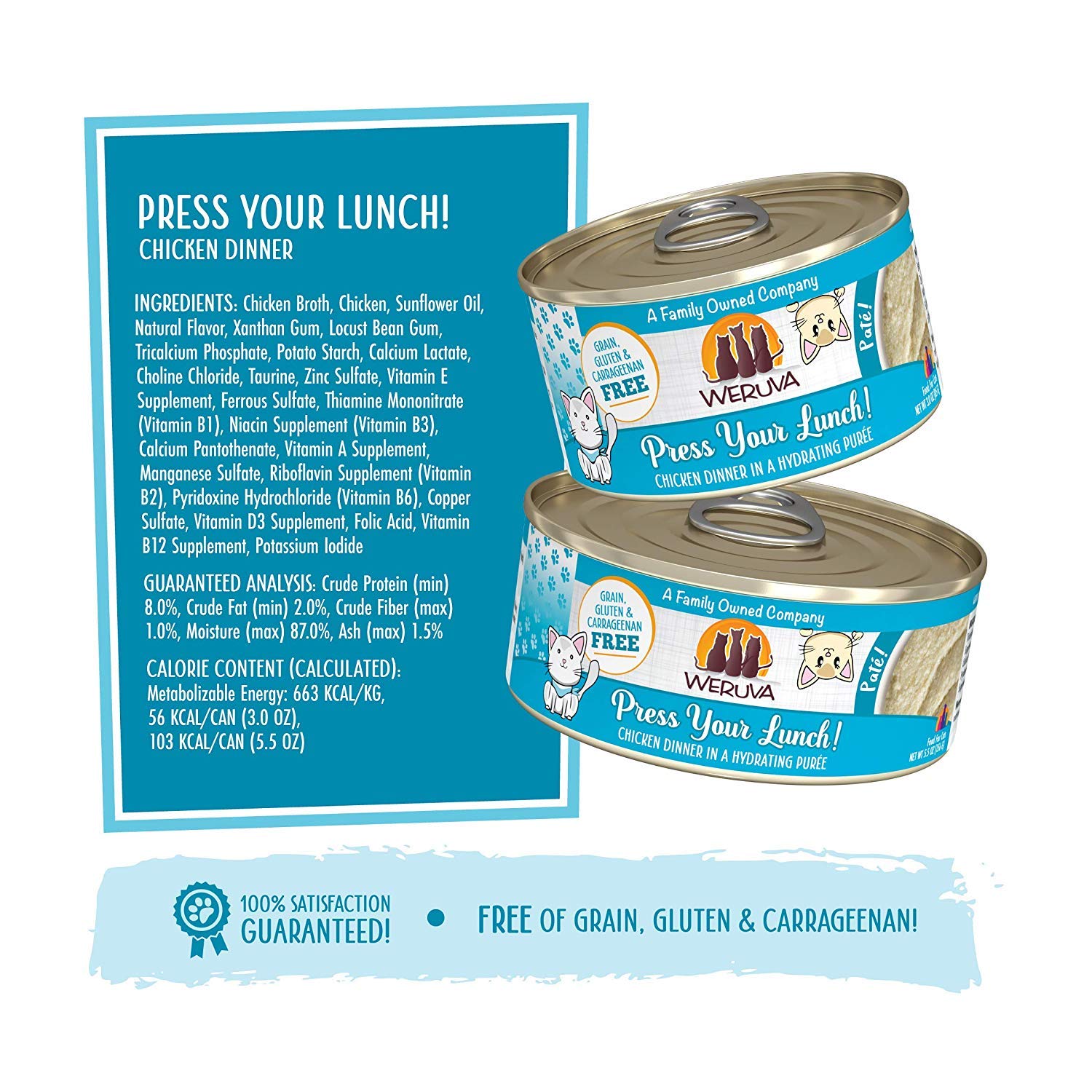 Weruva label close-up showing grain-free and carrageenan-free ingredients