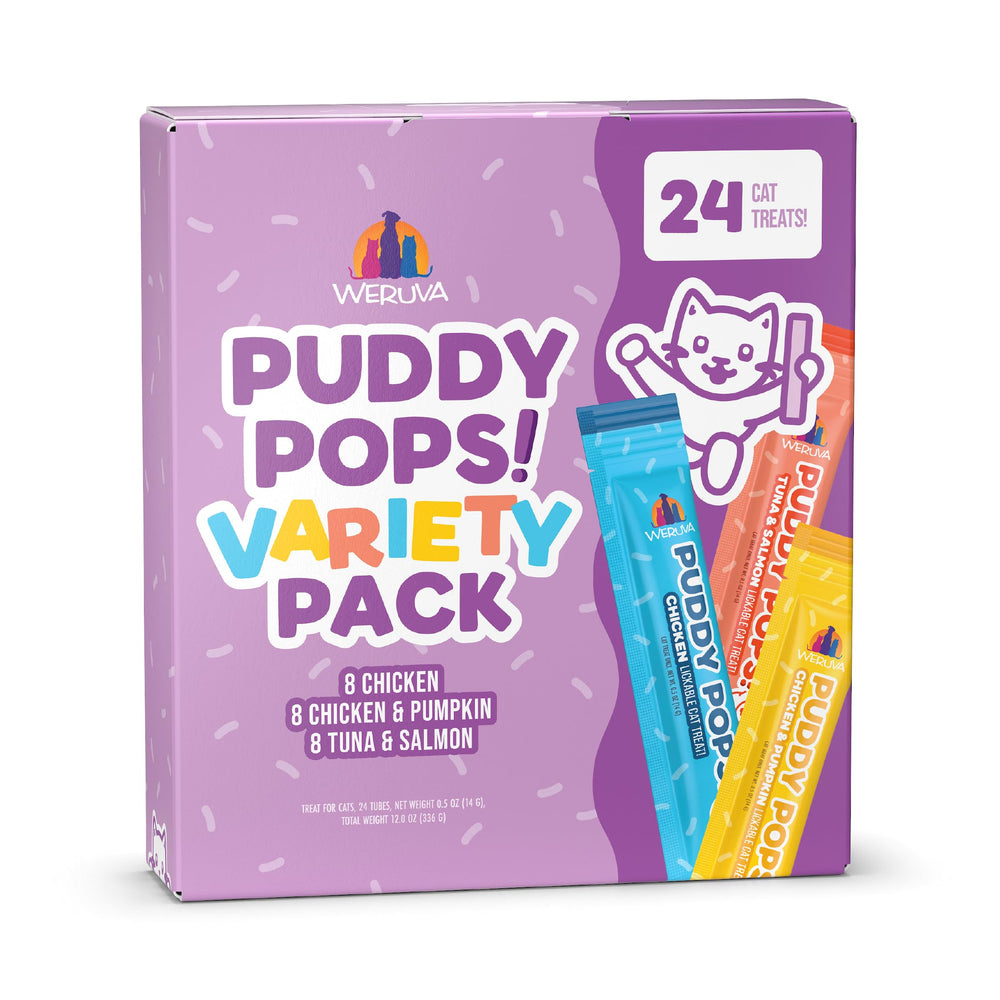Weruva Puddy Pops variety-pack of 24 lickable tubes for hydration during snacks