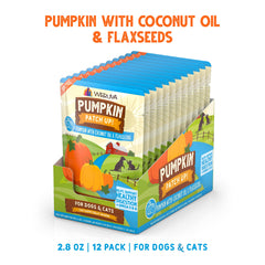 Pumpkin puree with coconut oil and flaxseeds supports fiber and coat health.