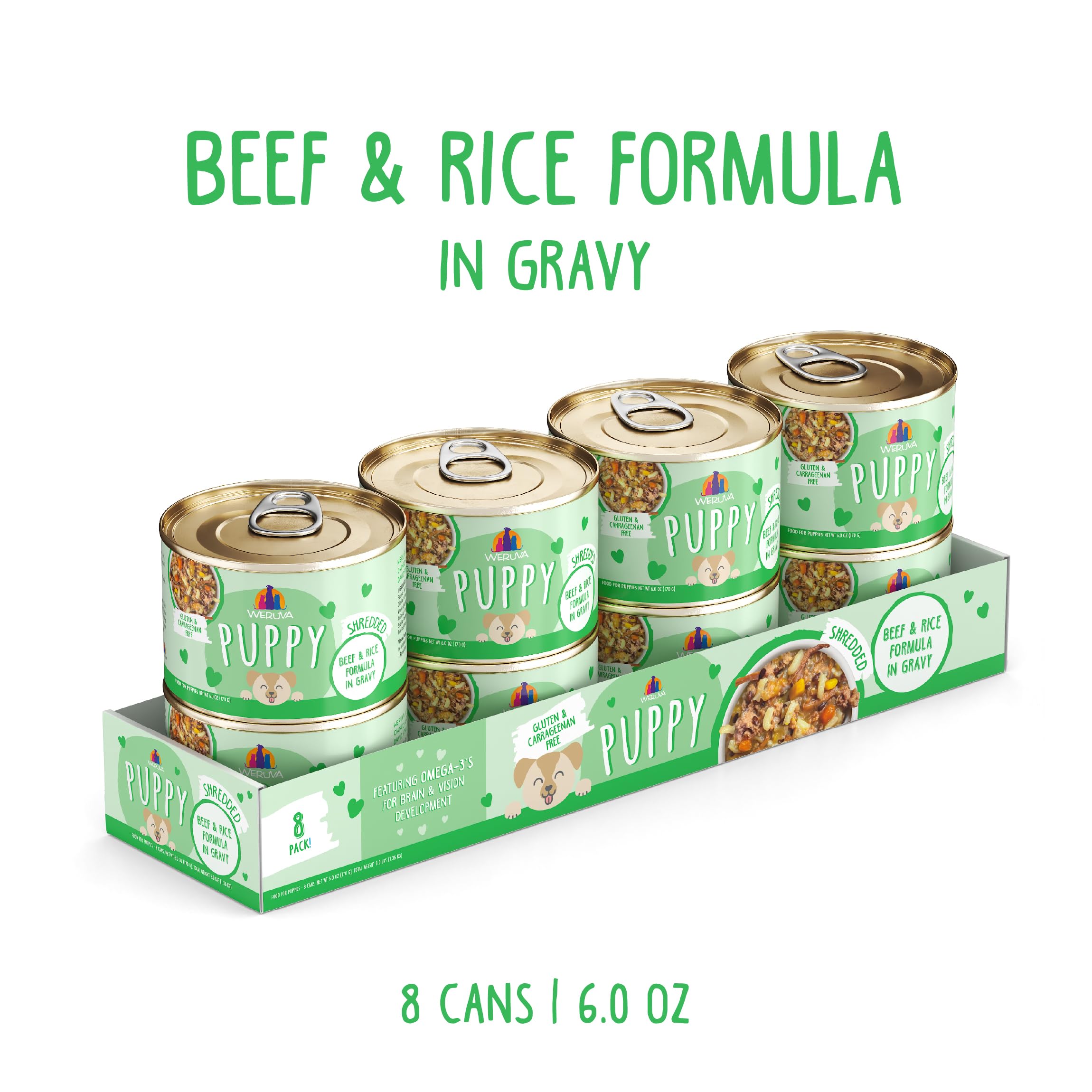Weruva Puppy Beef and Rice in Gravy close-up, savory gravy enhances mealtime appeal.