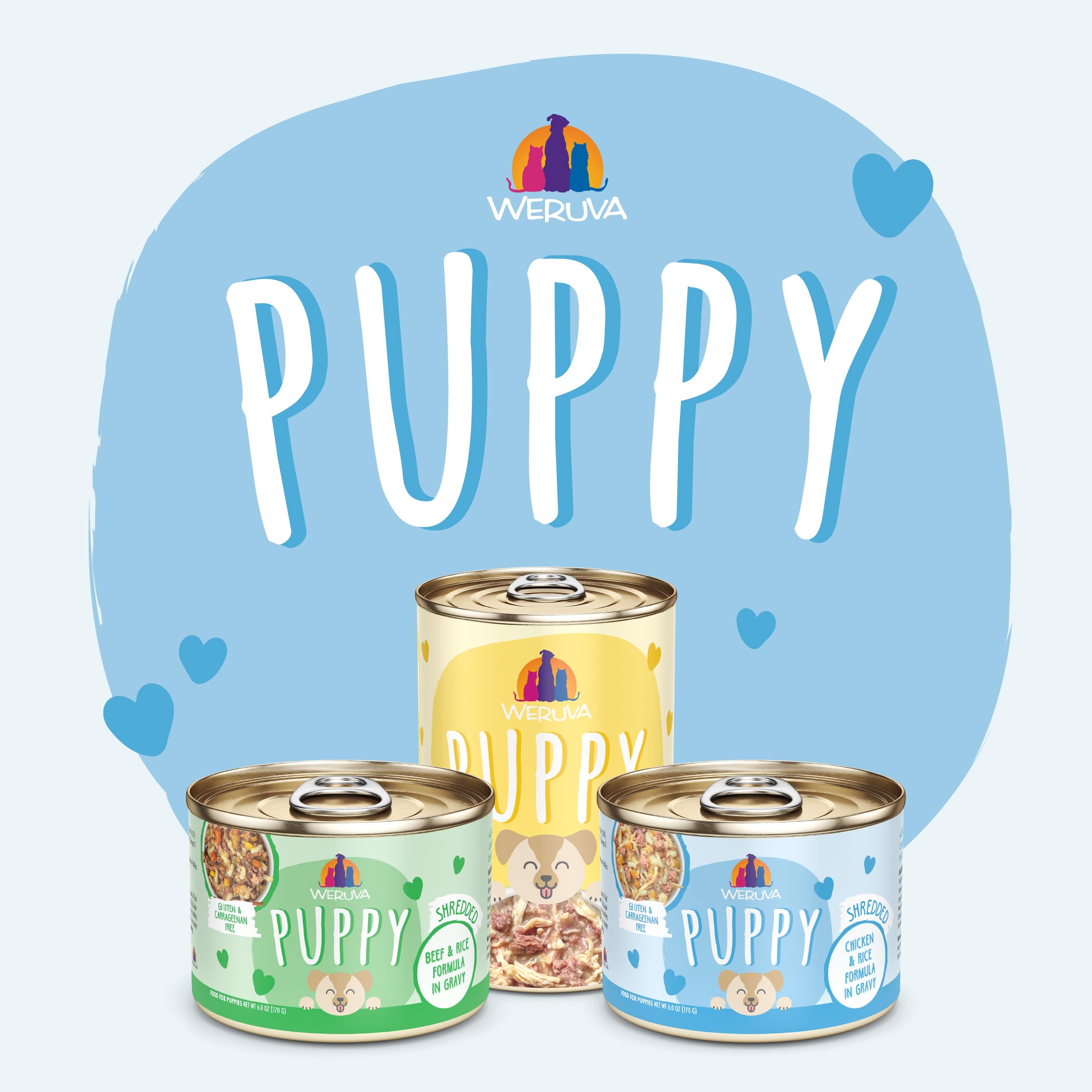 Mealtime scene with Weruva Puppy Chicken in Gravy supports happy, hydrated puppies