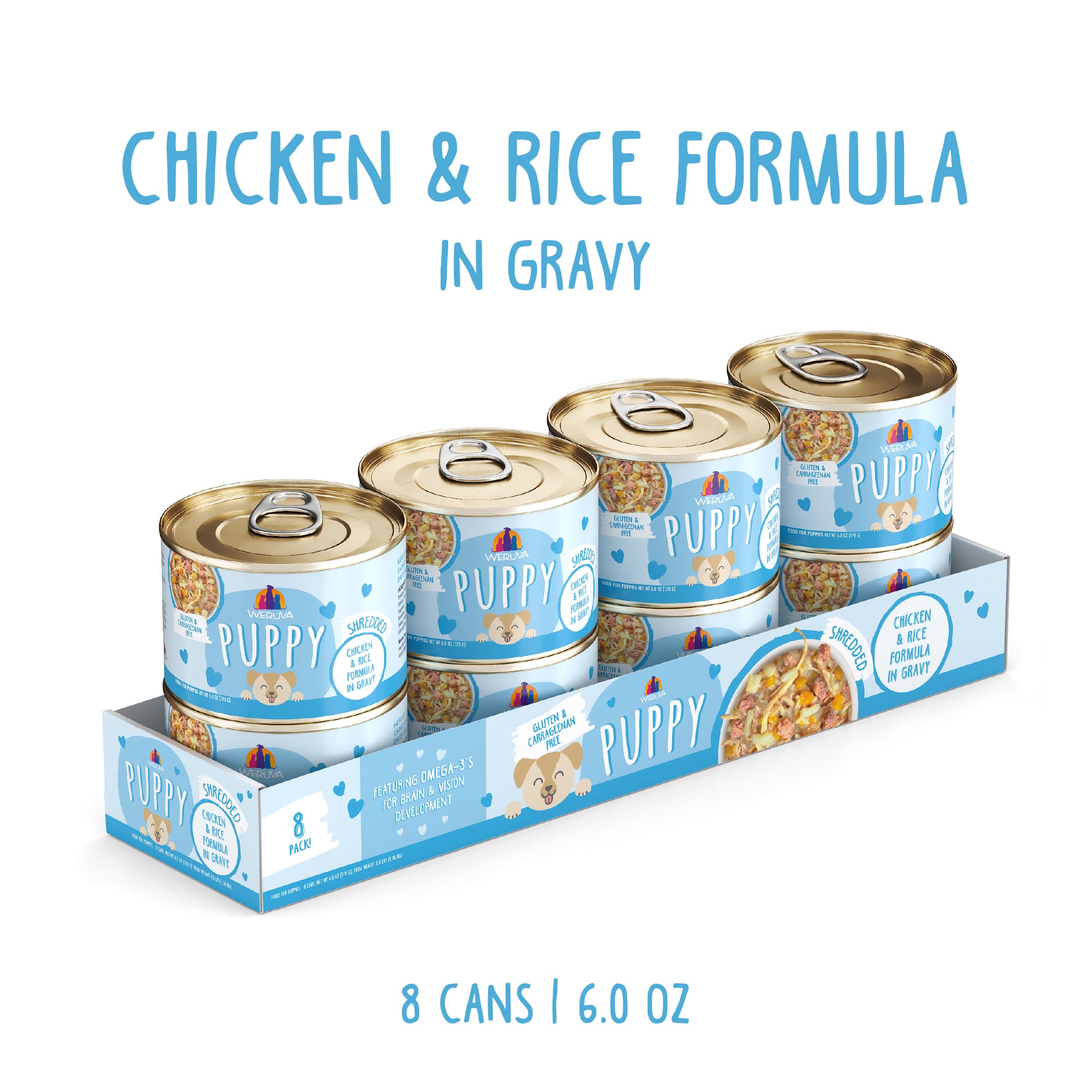 Opened Weruva Puppy can with gravy shown for hydration-friendly wet nutrition.