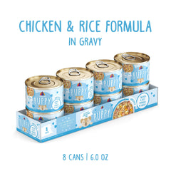 Opened Weruva Puppy can with gravy shown for hydration-friendly wet nutrition.
