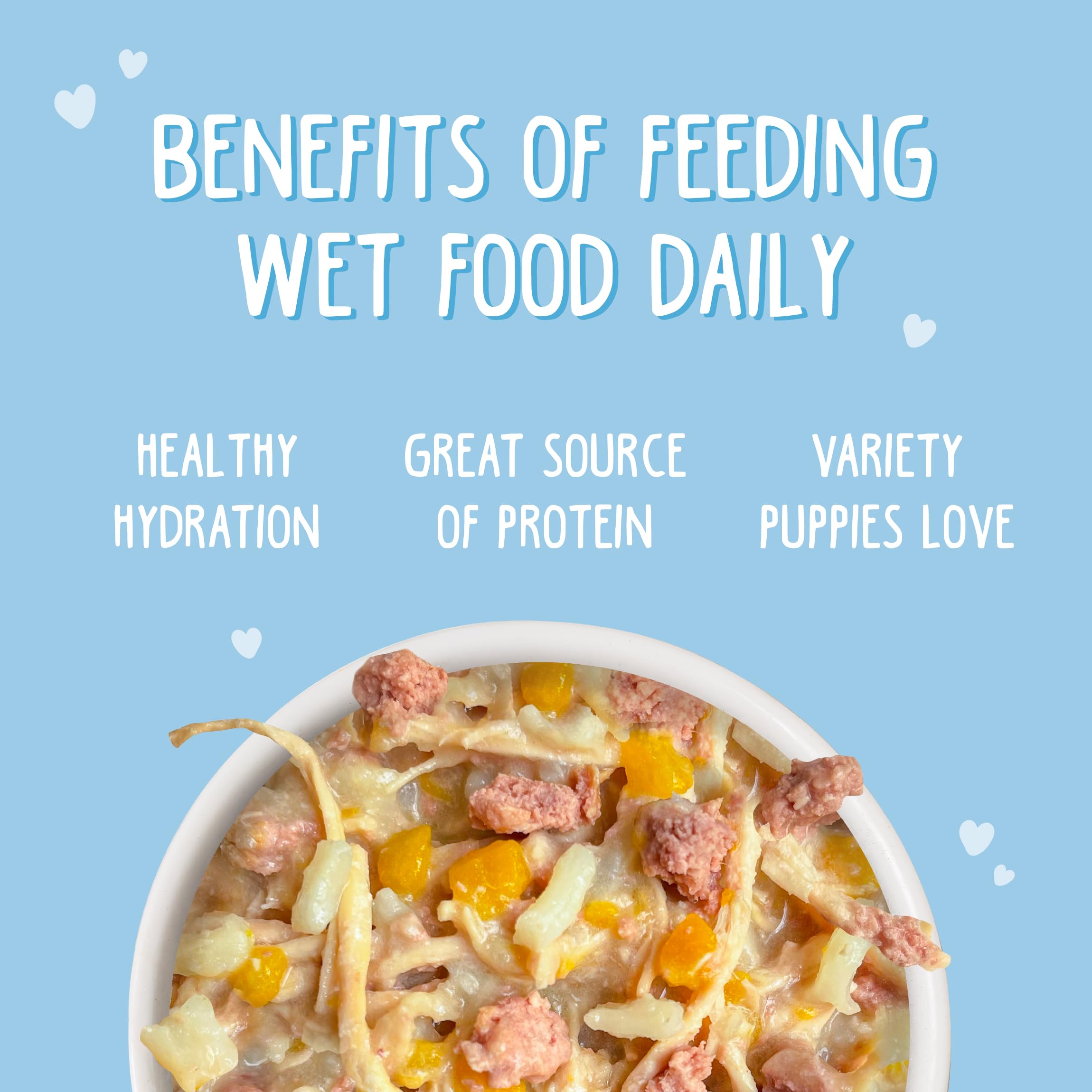 Glistening gravy and meat strands emphasizing high-protein puppy nutrition in Weruva.