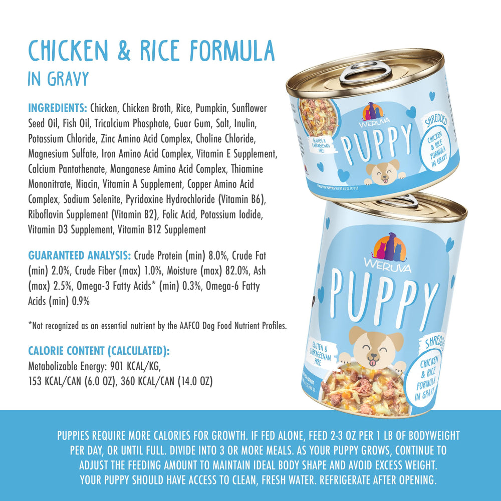 Close-up of chicken and rice texture from Weruva Puppy in Gravy, highlighting protein-rich meals.
