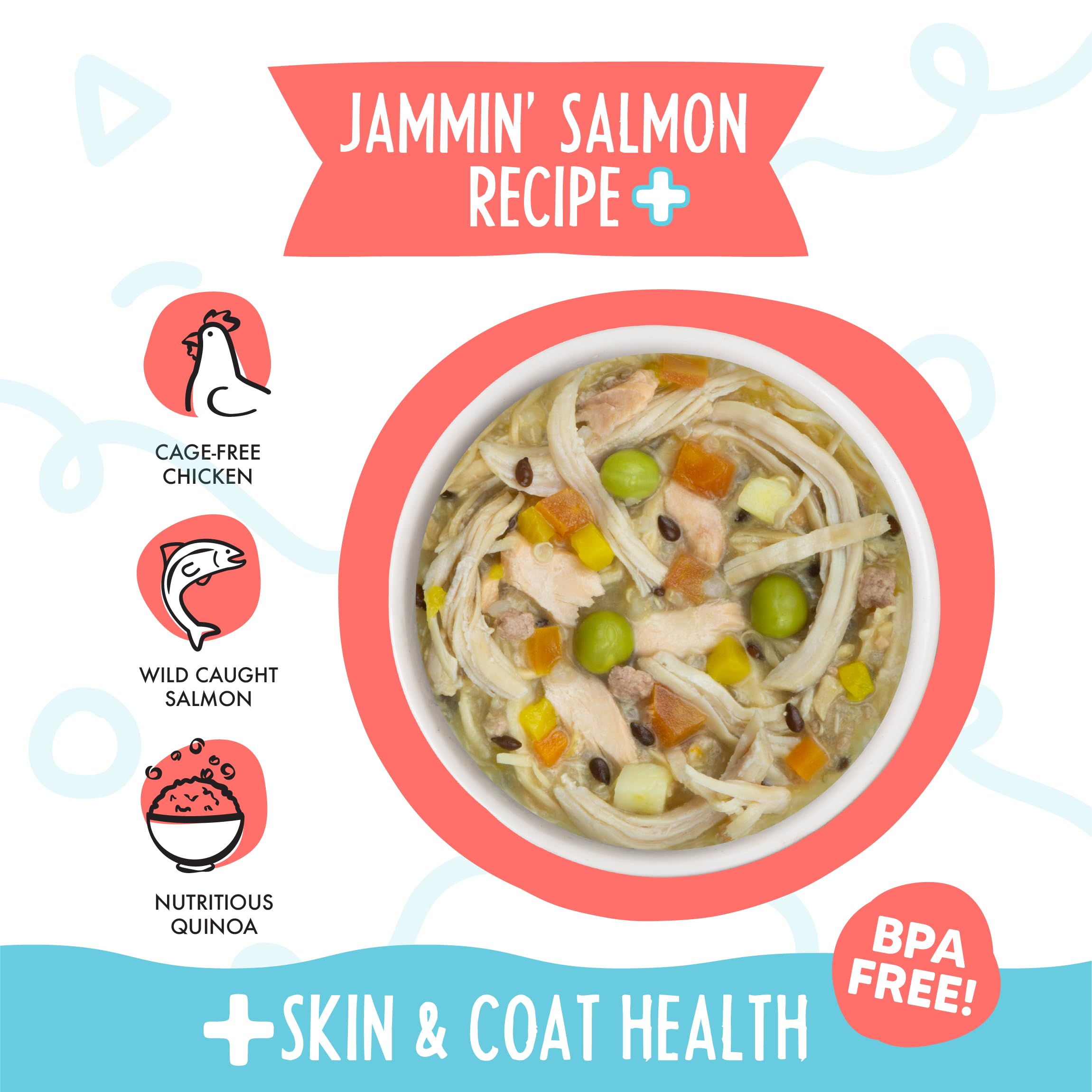 Salmon-chicken-pumpkin-soup image highlights balanced protein and produce in Weruva.